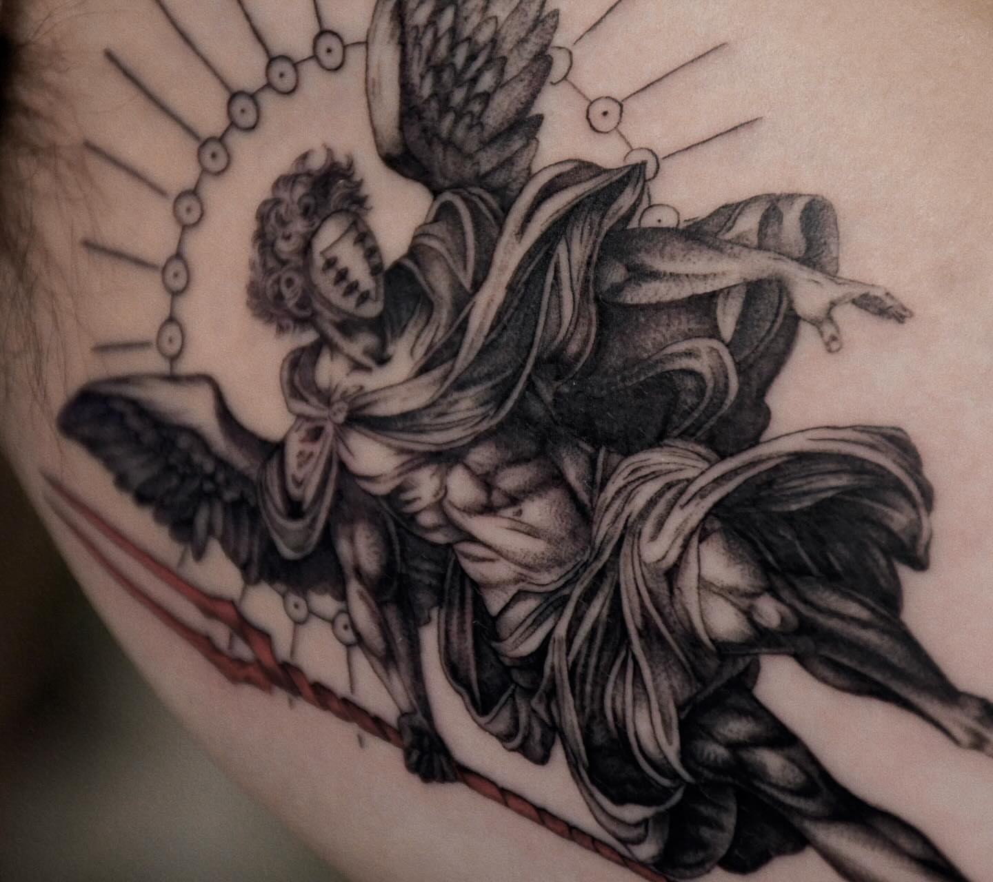 Angelic figure realism tattoo on the shoulder by Gary Zhong, Upland, California