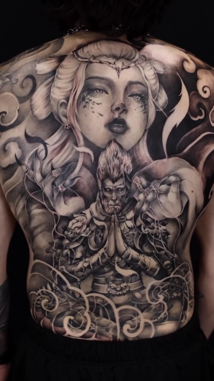 Praying figure with two female faces realism tattoo by LaurenBeez