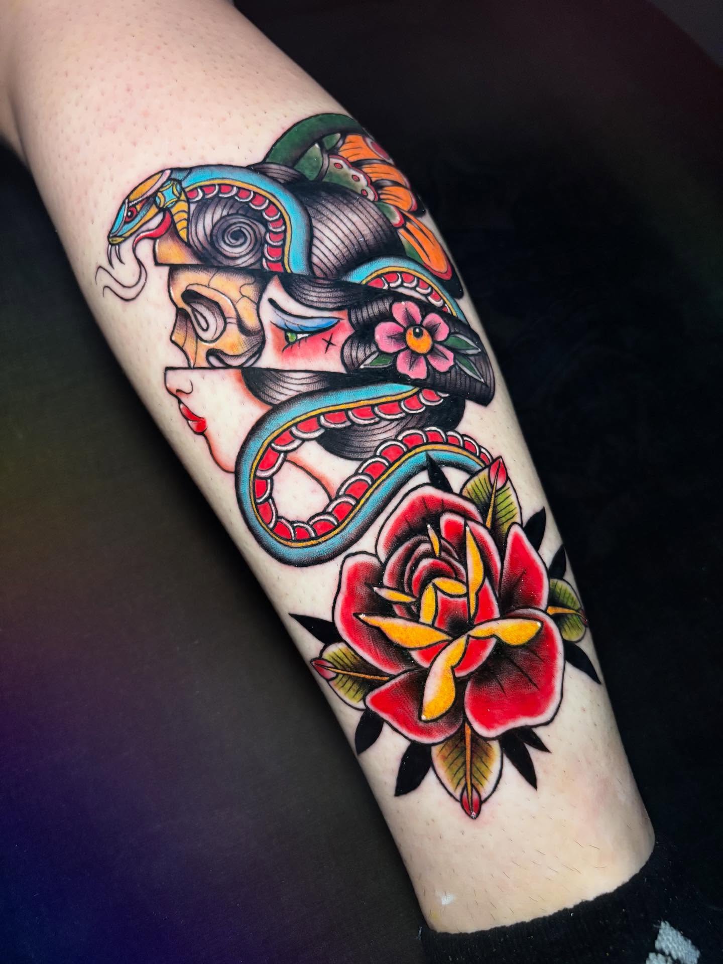 Snake and woman American traditional tattoo on the forearm by ππππππ