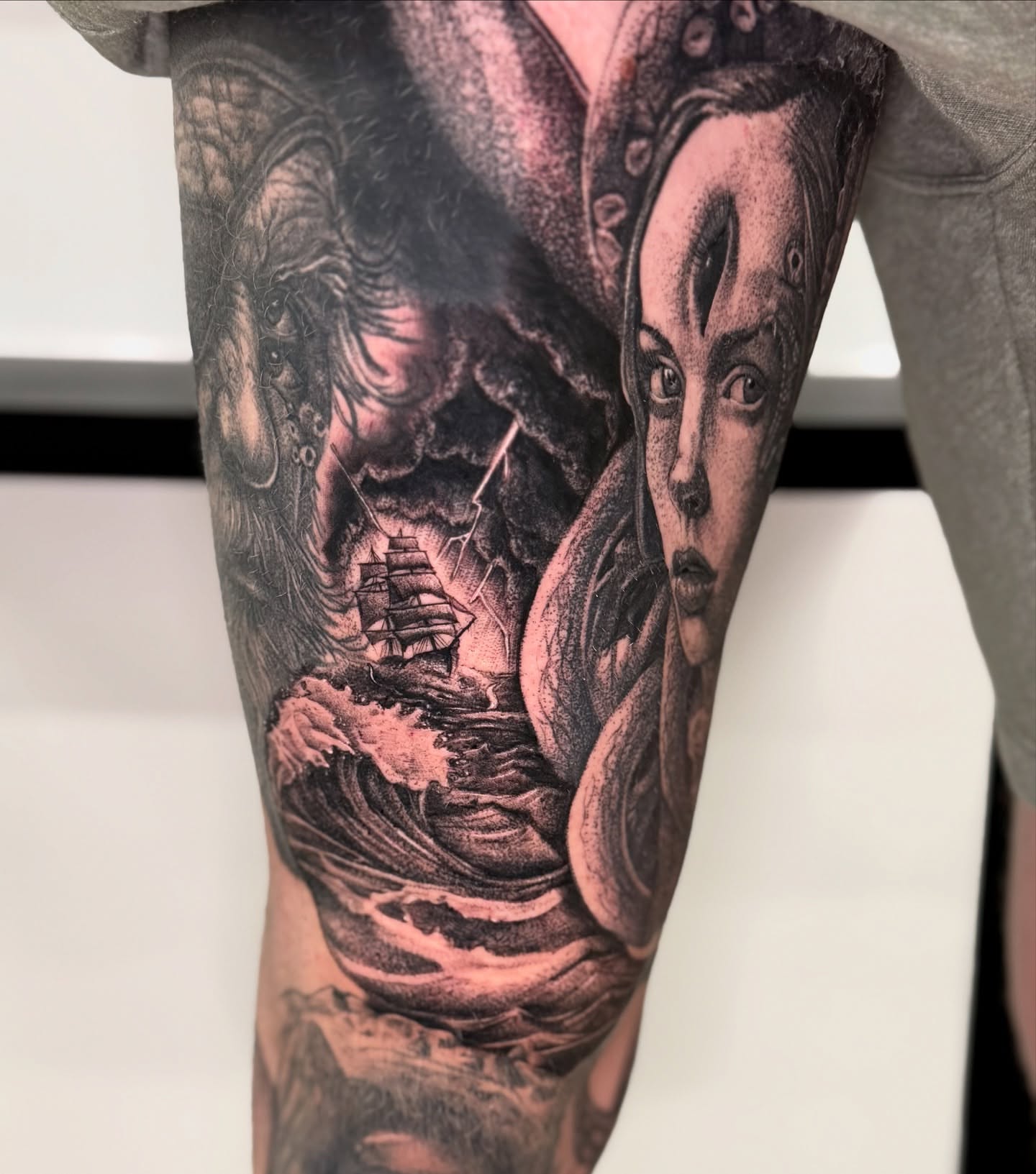 Ship and mermaid realism tattoo on the forearm by Kody Miller Tattoos 📍Kansas City MO Tattoo, Kansas City, Missouri