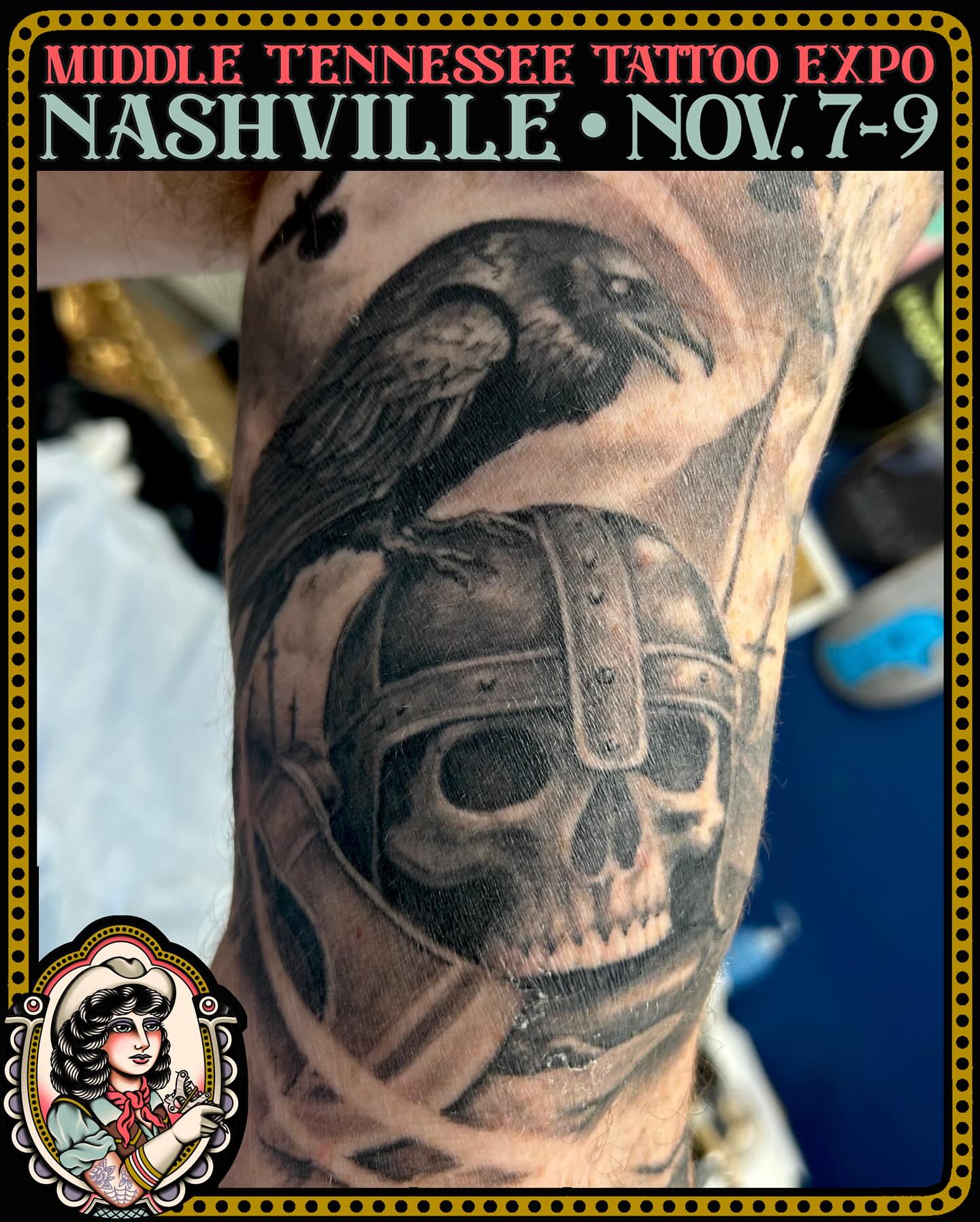 Skull wearing helmet realism tattoo on the forearm by Josh Williams, Chattanooga, Tennessee