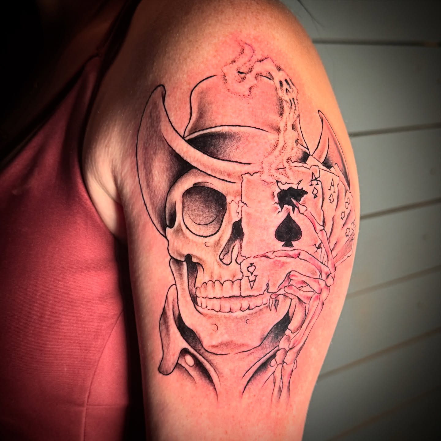 Skull realism tattoo on the shoulder by Tattoo & Body Artist, Gastonia, North Carolina