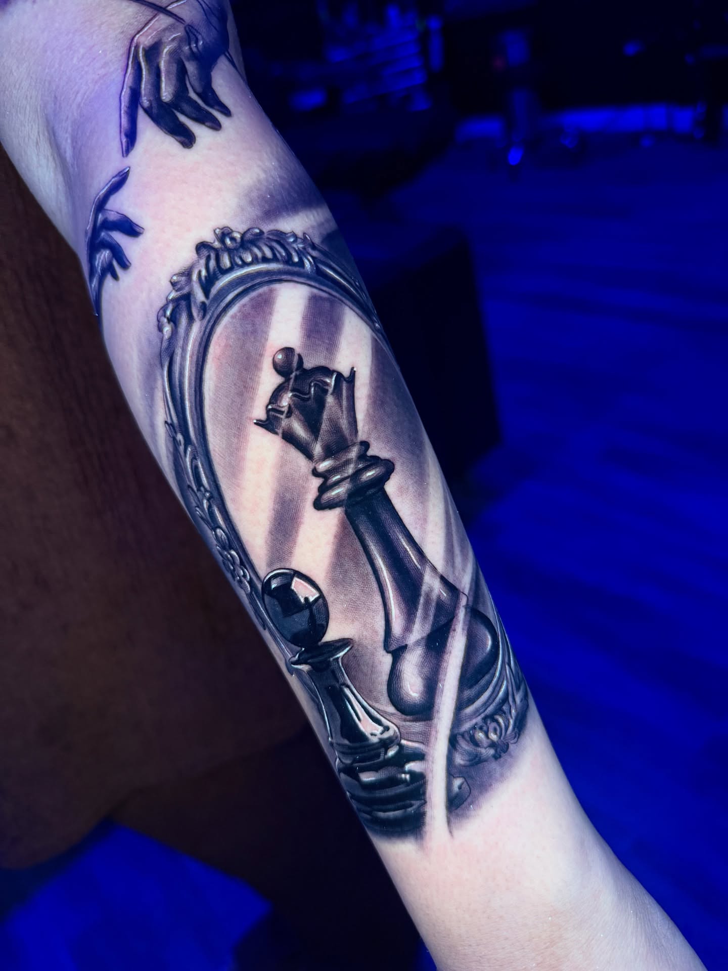 Chess pieces realism tattoo on the forearm by Raw Hound, Hialeah, Florida