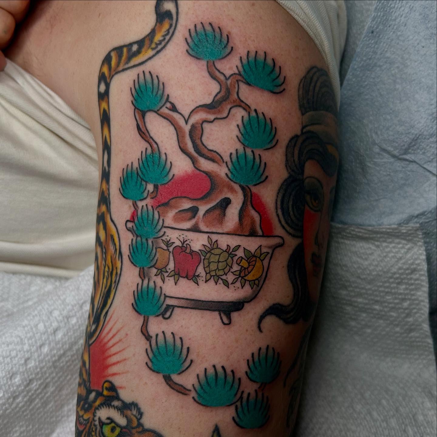 Bathtub with fruit American traditional tattoo on the forearm by ☻ darby robertson ☻