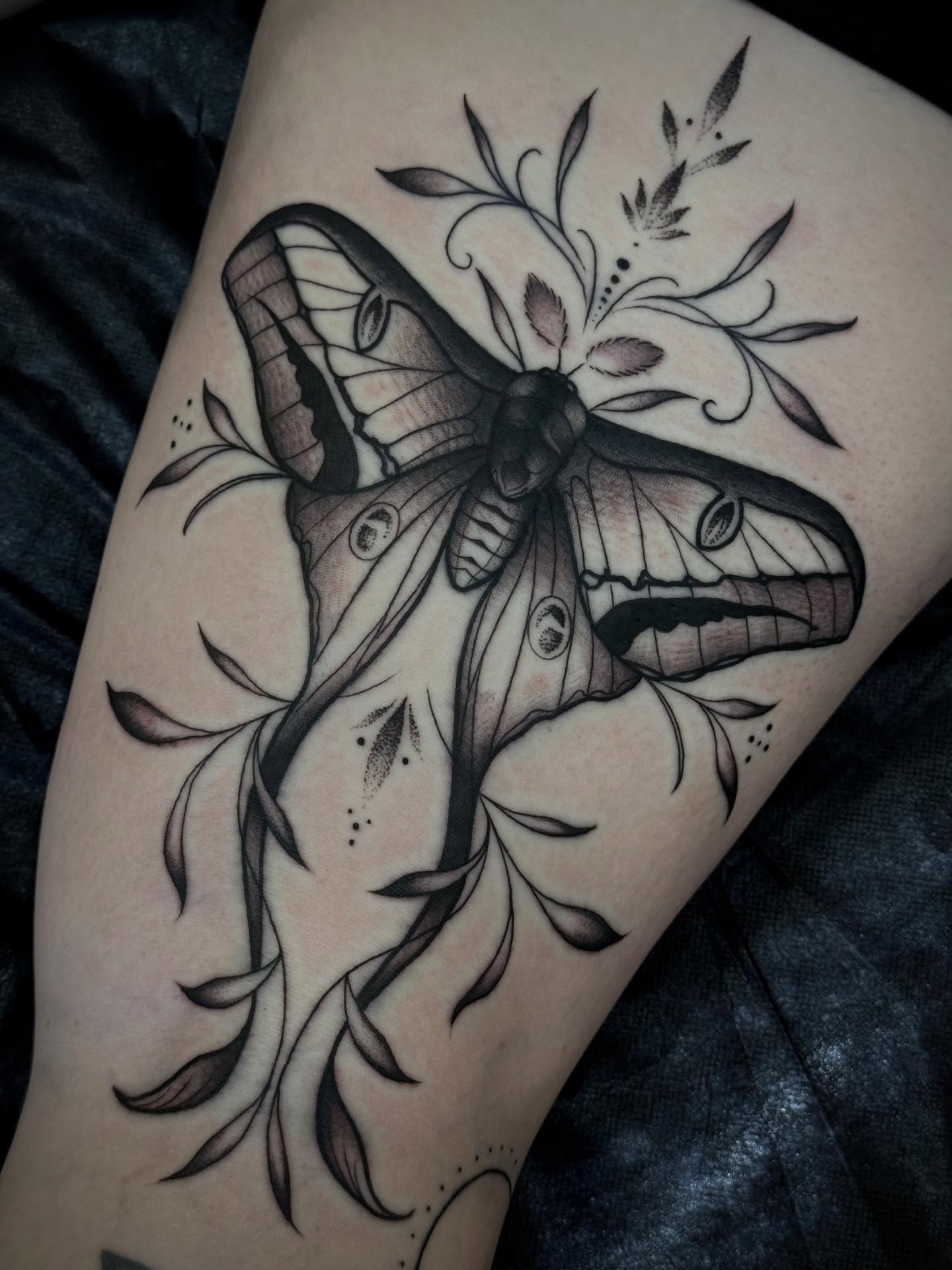 Butterfly black and grey tattoo on the forearm by Espinal