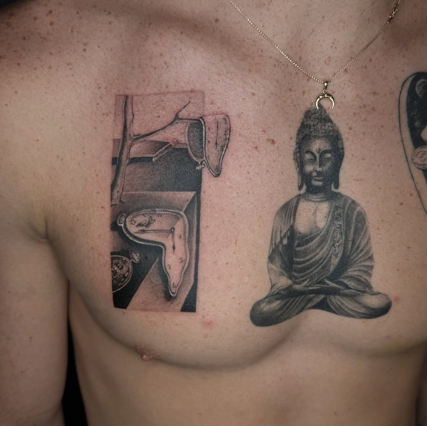 Buddha statue black and grey tattoo on the chest by B o n d B o n d , “ a r t i s t “