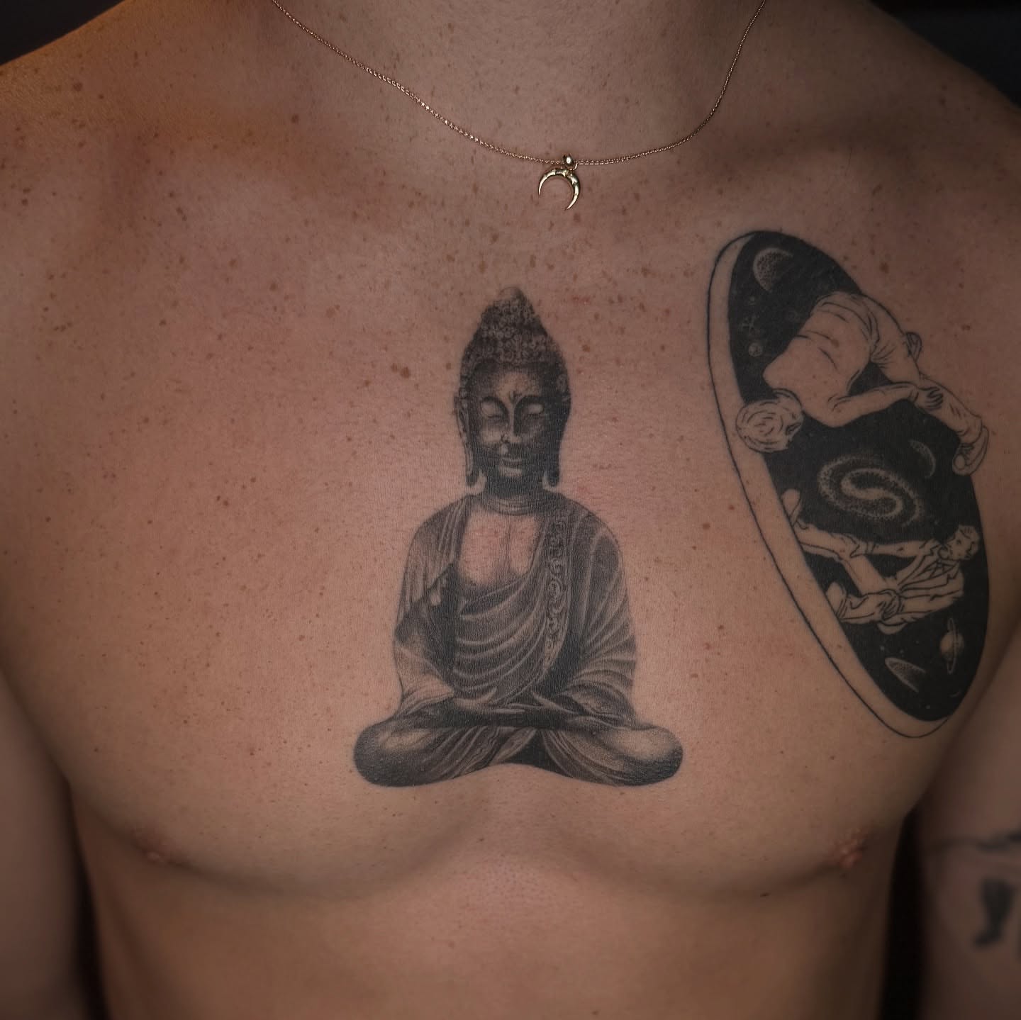 Buddha statue realism tattoo on the chest by B o n d B o n d , “ a r t i s t “