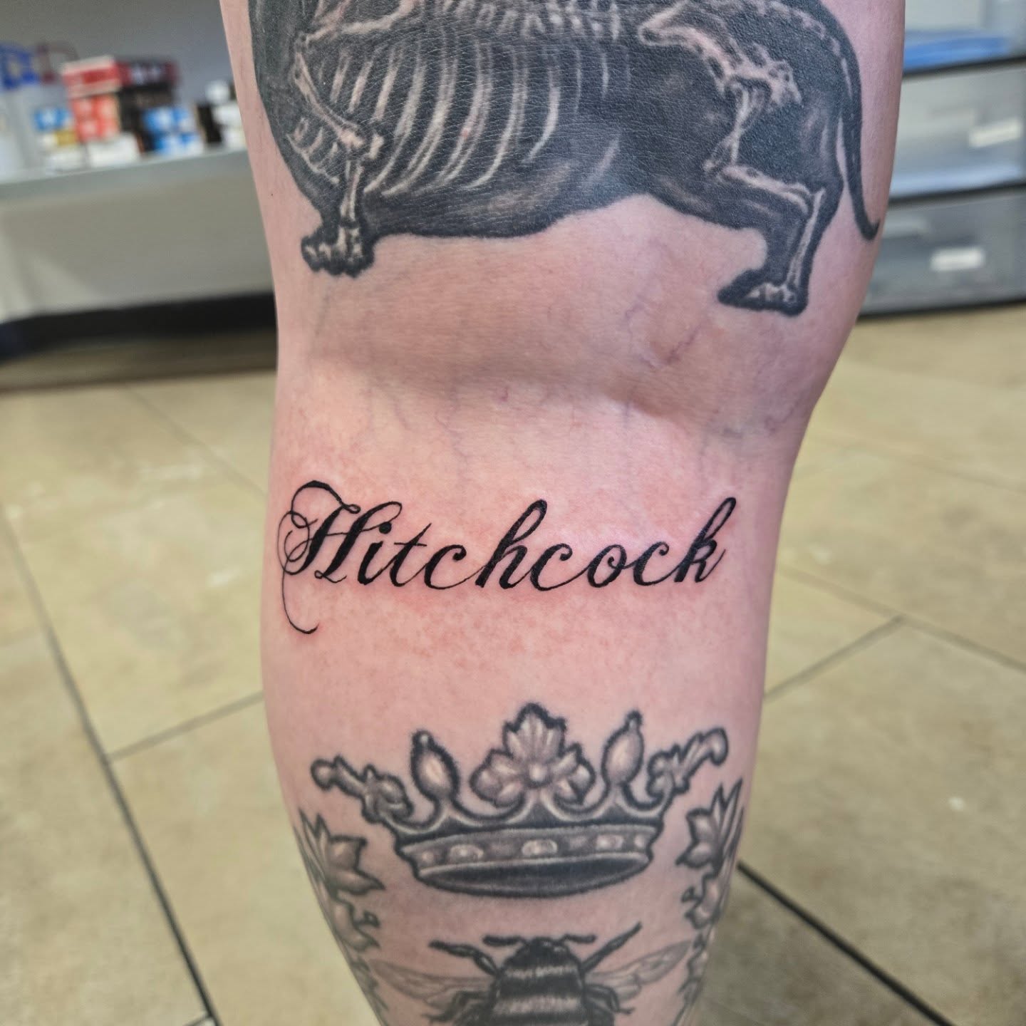 Hitchcock black and grey tattoo on the forearm by Jose G. Rubio Tattoo Artist πΊπ²ππ¨π¦