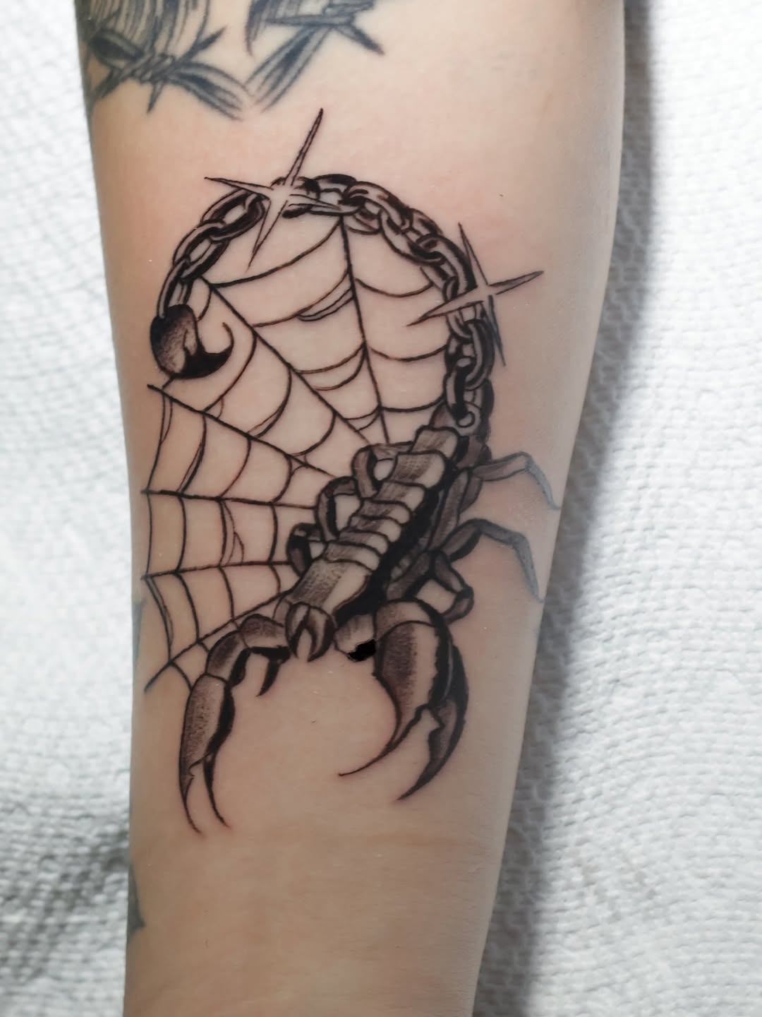 Scorpion with chain and web blackwork tattoo on the forearm by German Patiño.