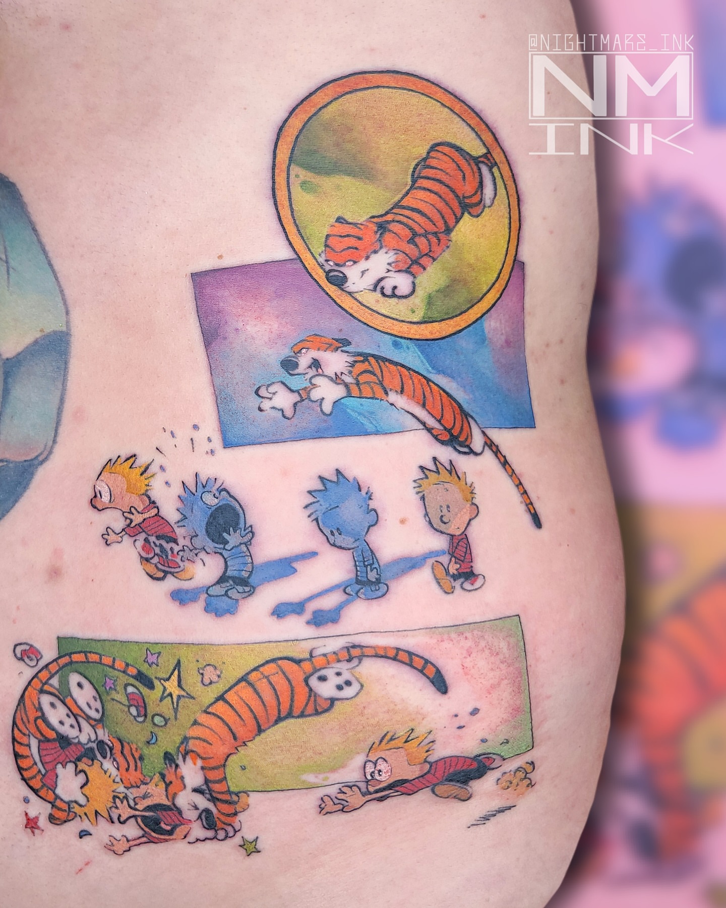 Calvin and Hobbes dotwork tattoo on the thigh by Brandon Hildebrandt