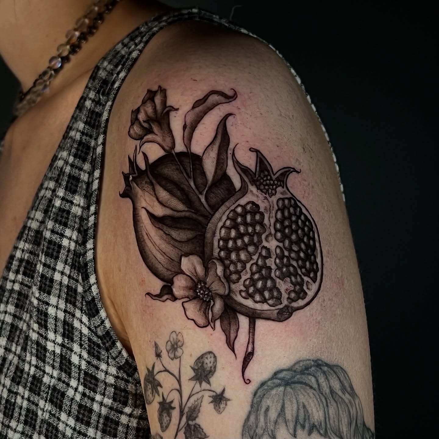 Pomegranate black and grey tattoo on the upper arm by ☆ Kelly ☆
