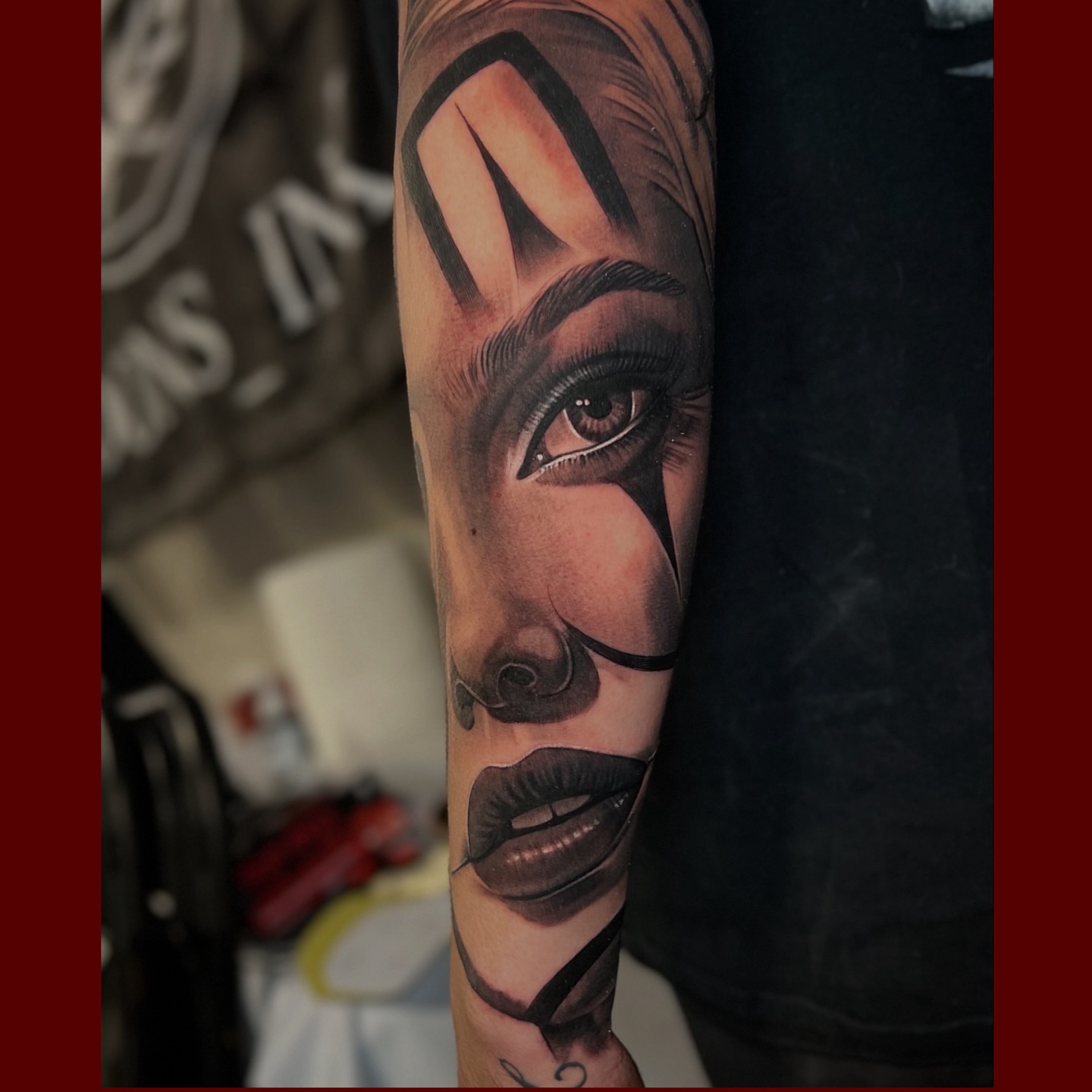 Woman's face realism tattoo on the forearm by Flames, Cerritos, California