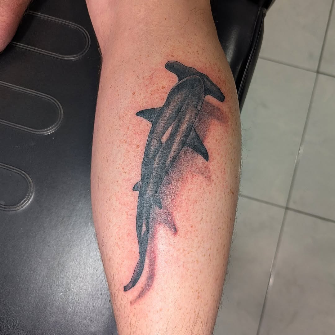Hammerhead shark fine line tattoo on the forearm by 𝐉𝐀𝐙𝚰𝐇𝐍𝐎