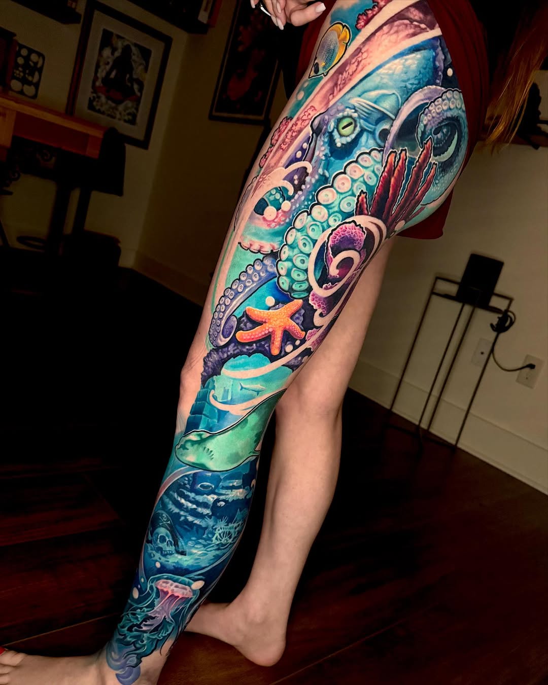 Underwater scene with octopus Japanese tattoo on the leg by Sean Flood