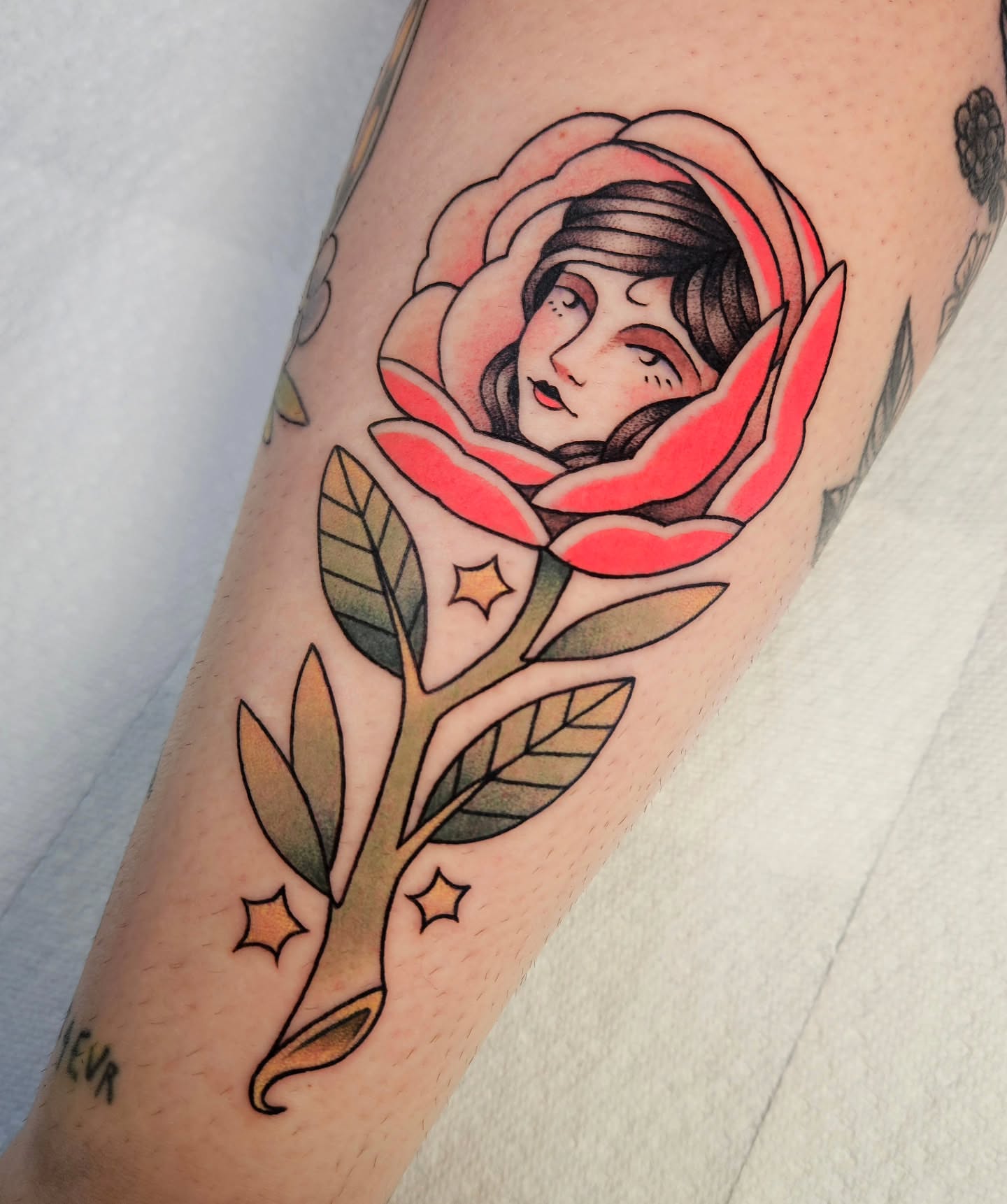 Rose with woman American traditional tattoo on the forearm by Chloe🌿Tattoos