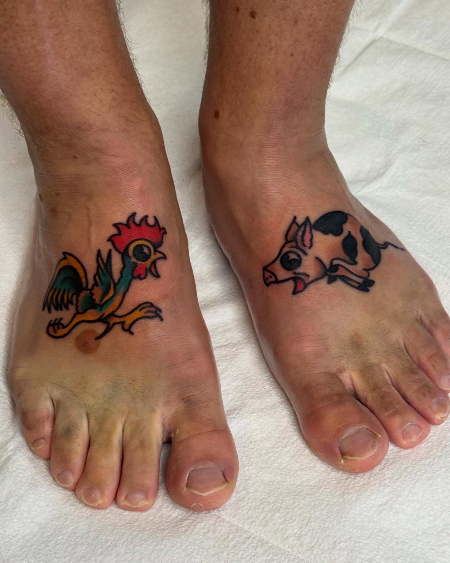 Rooster and pig American traditional tattoo on the foot by David Gottschalk