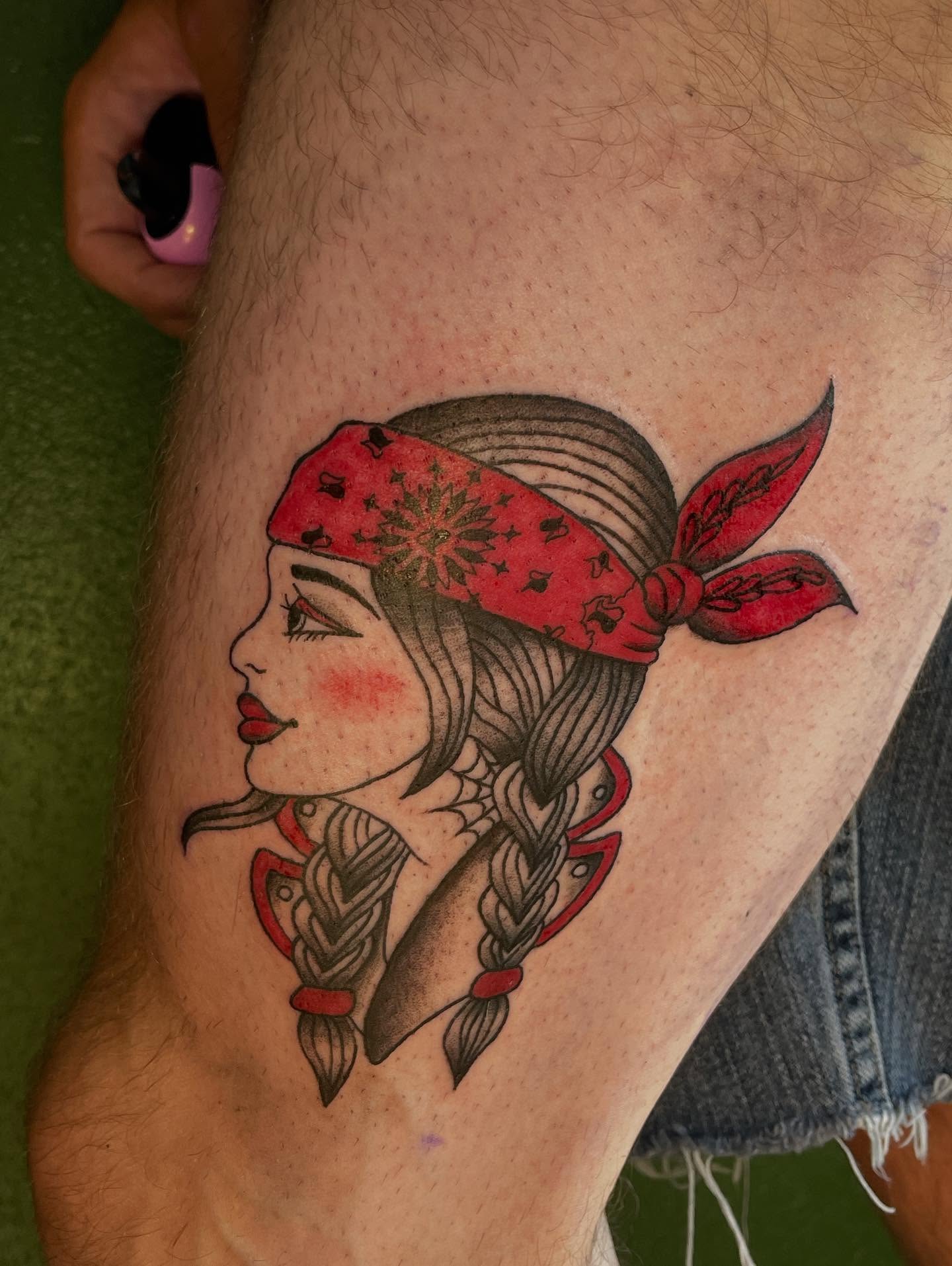Woman with bandana American traditional tattoo on the thigh by J❄️, Portland, Oregon