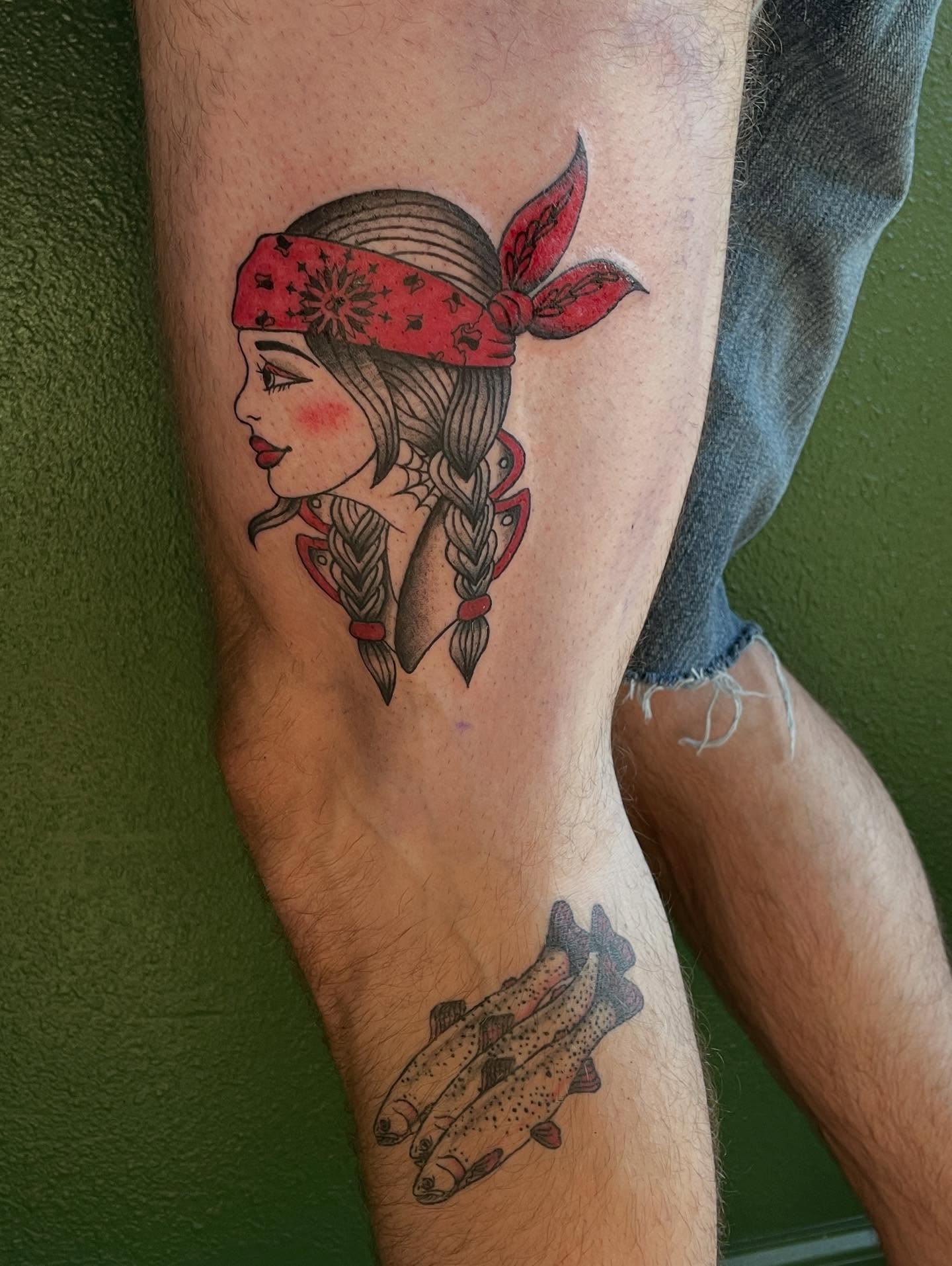 Woman with bandana American traditional tattoo on the forearm by J❄️, Portland, Oregon