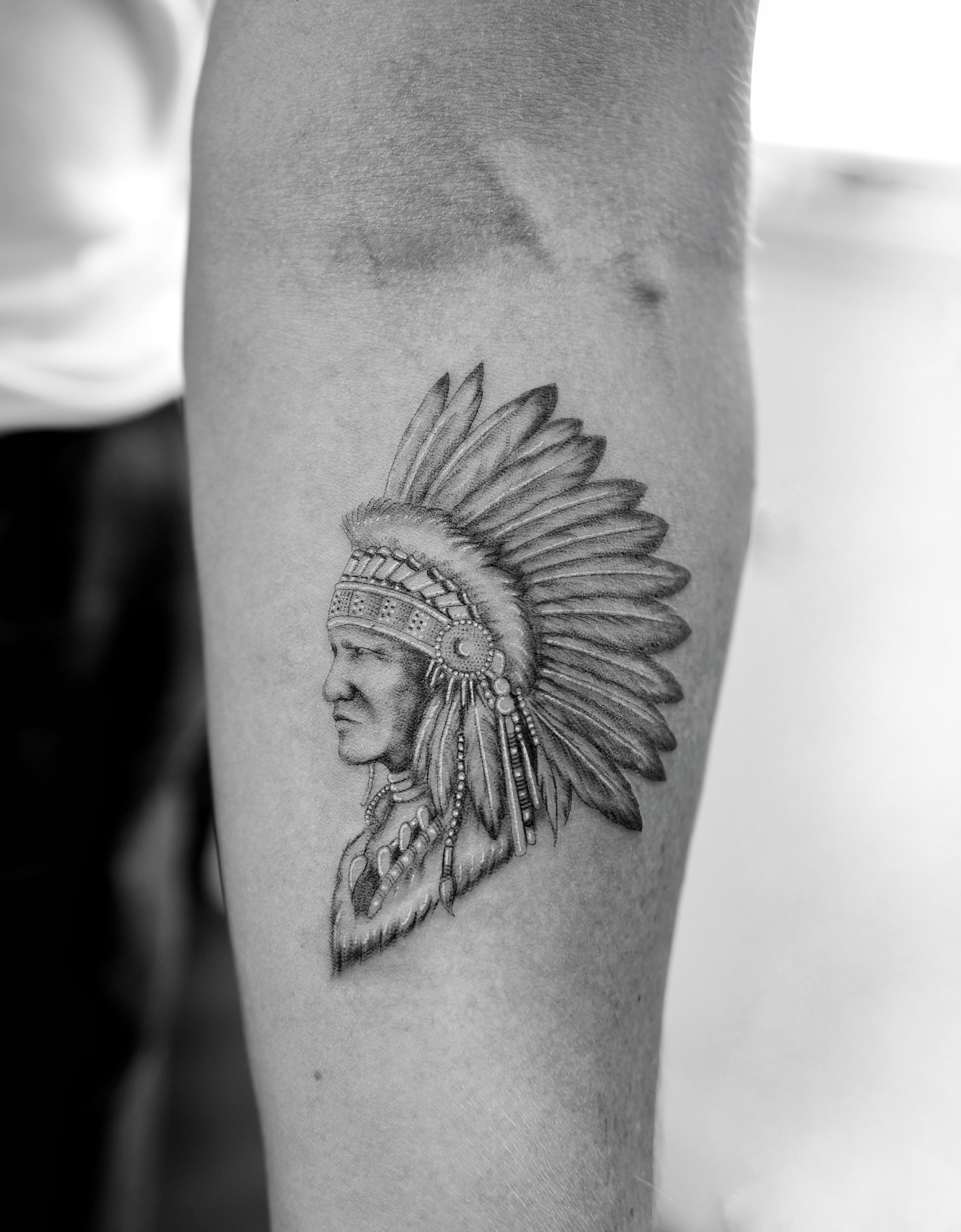 Indian chief realism tattoo on the forearm by Ross Clark Tattoos