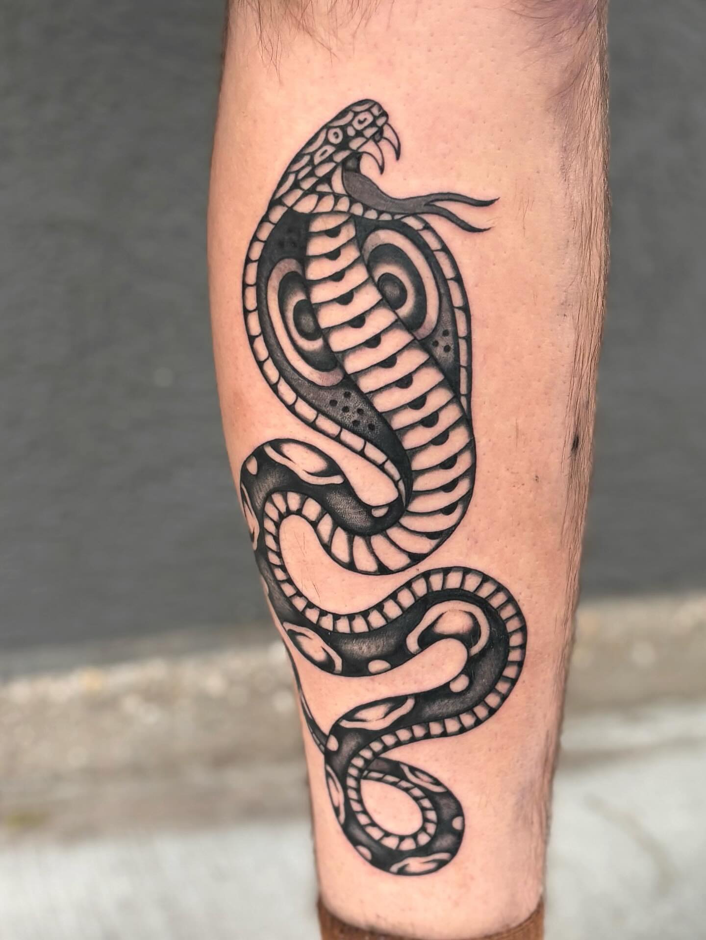 Snake black and grey tattoo on the forearm by Jesse Smith, Chicago, Illinois