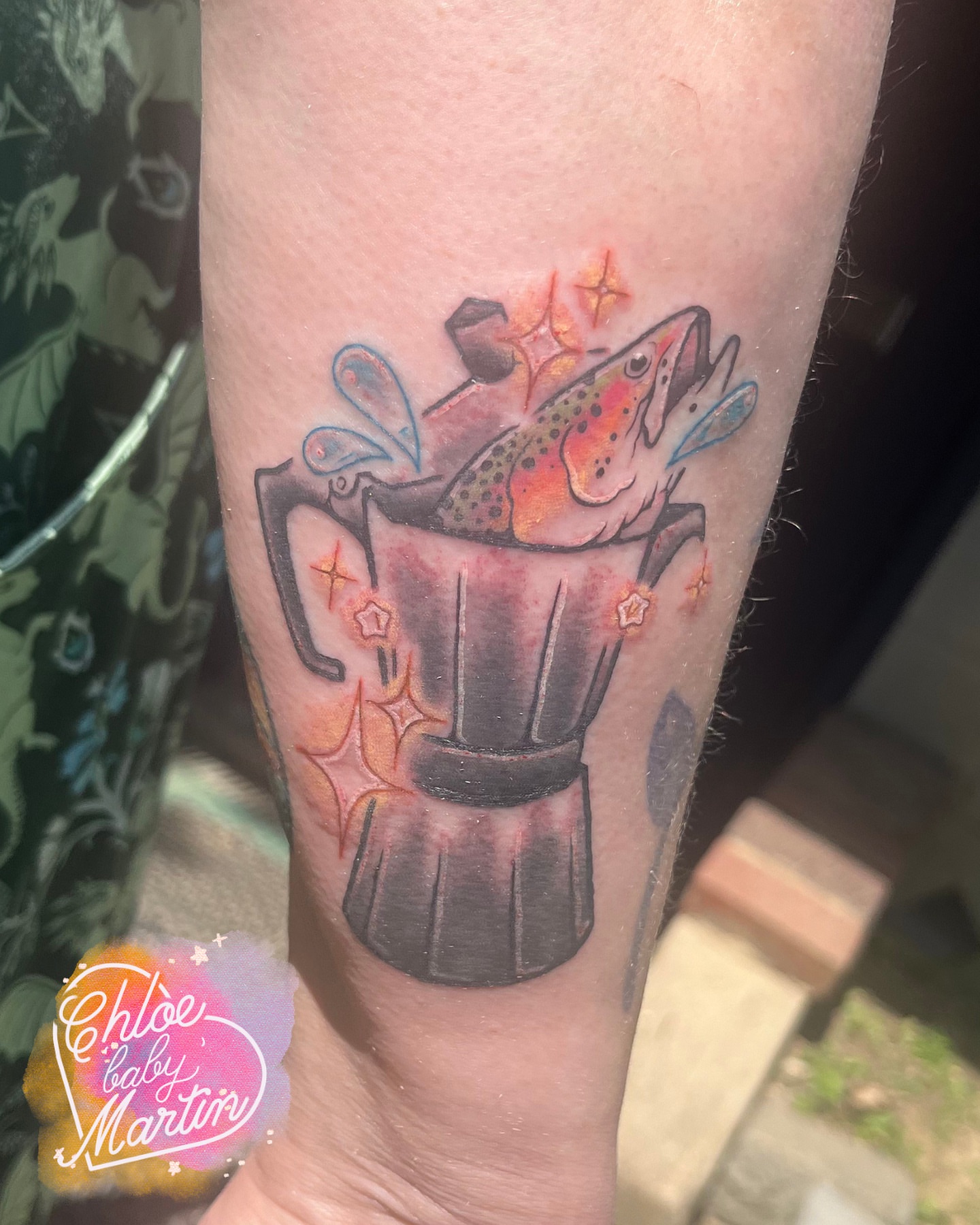 Fish in blender new school tattoo on the forearm by Chloe ‘baby’ Martin