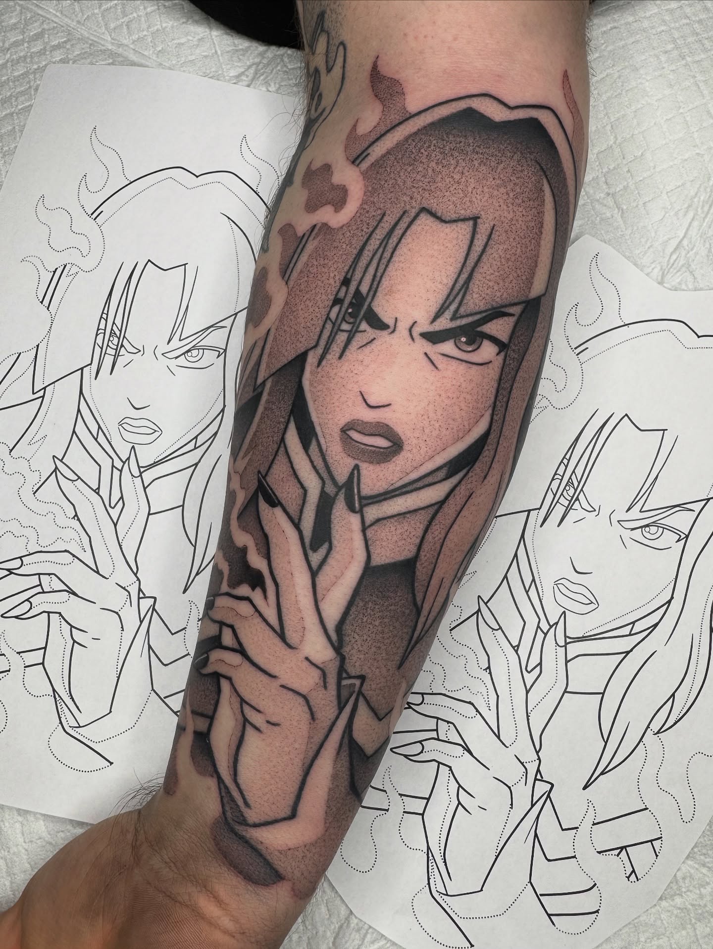 Anime character dotwork tattoo on the forearm by Donnie Moore