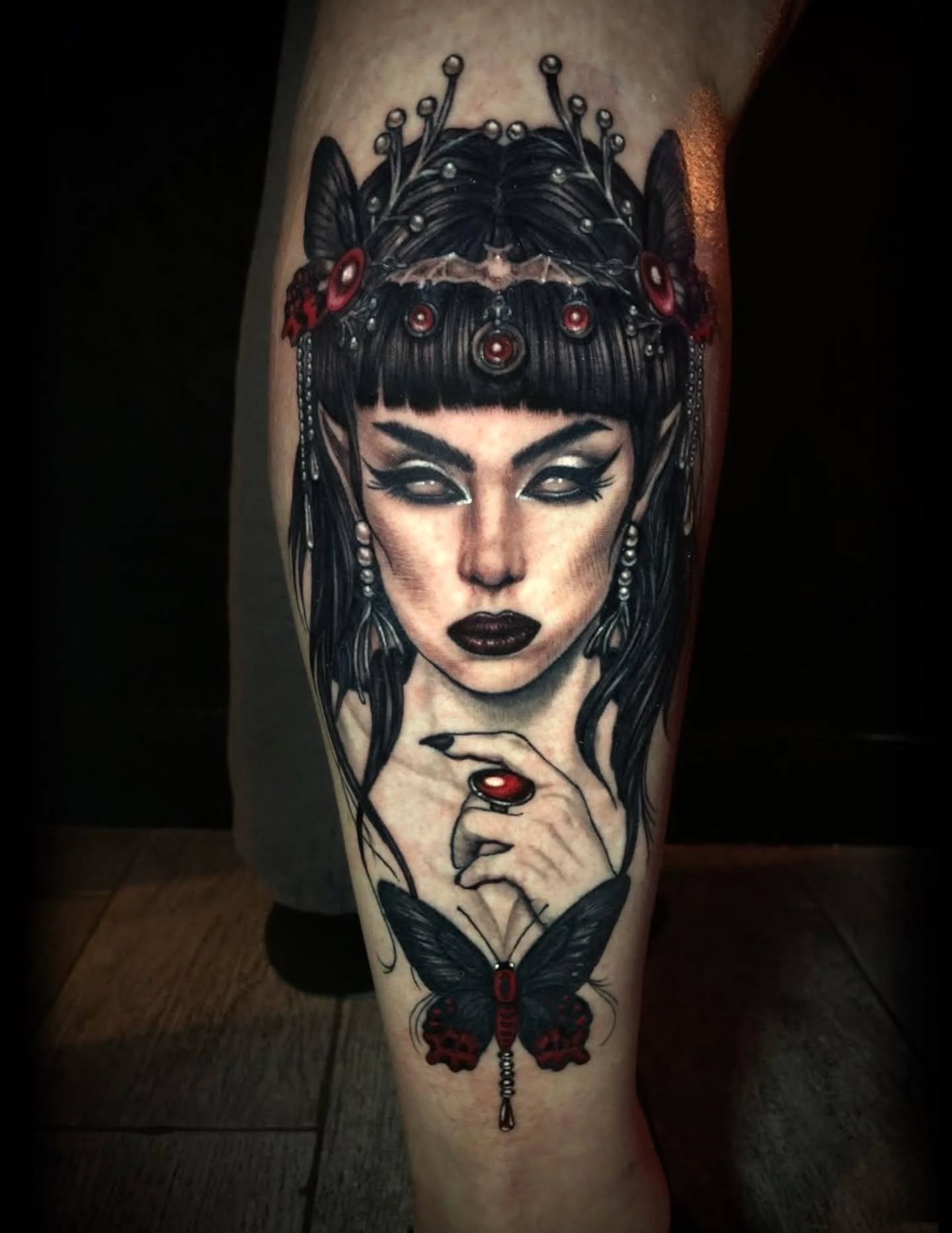 Elf-like woman dark realism tattoo on the forearm by 𝕸𝖊𝖌𝖆𝖓 𝕮𝖍𝖊𝖛𝖆𝖙𝖊𝖜𝖆🦇 Brooklyn Tattoo Artist