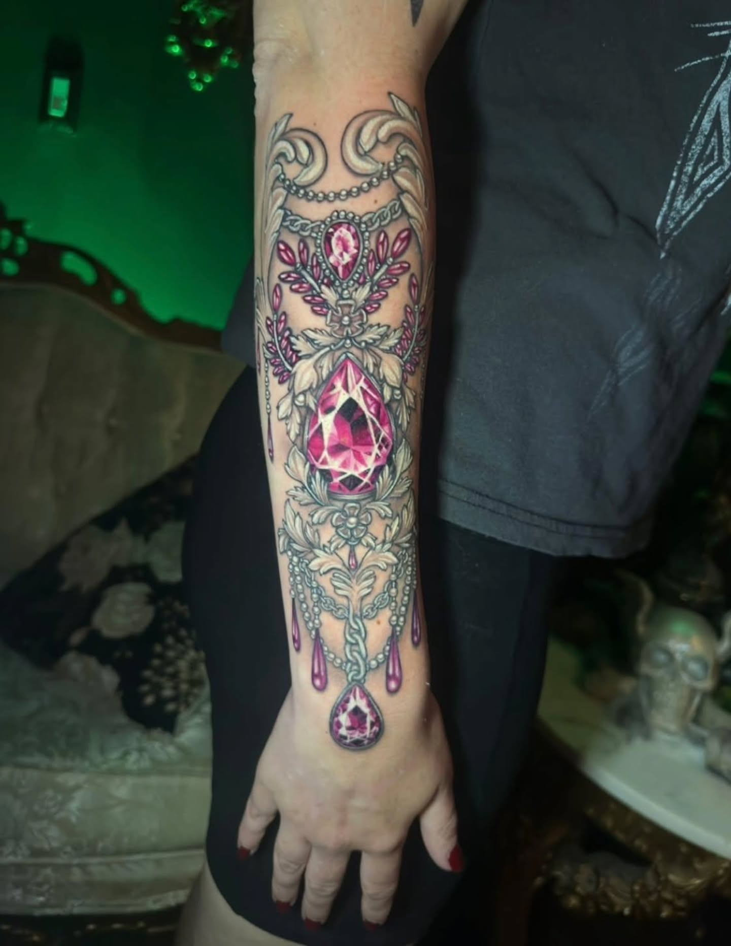 Gemstone and ornate design ornamental tattoo on the forearm by 𝕸𝖊𝖌𝖆𝖓 𝕮𝖍𝖊𝖛𝖆𝖙𝖊𝖜𝖆🦇 Brooklyn Tattoo Artist
