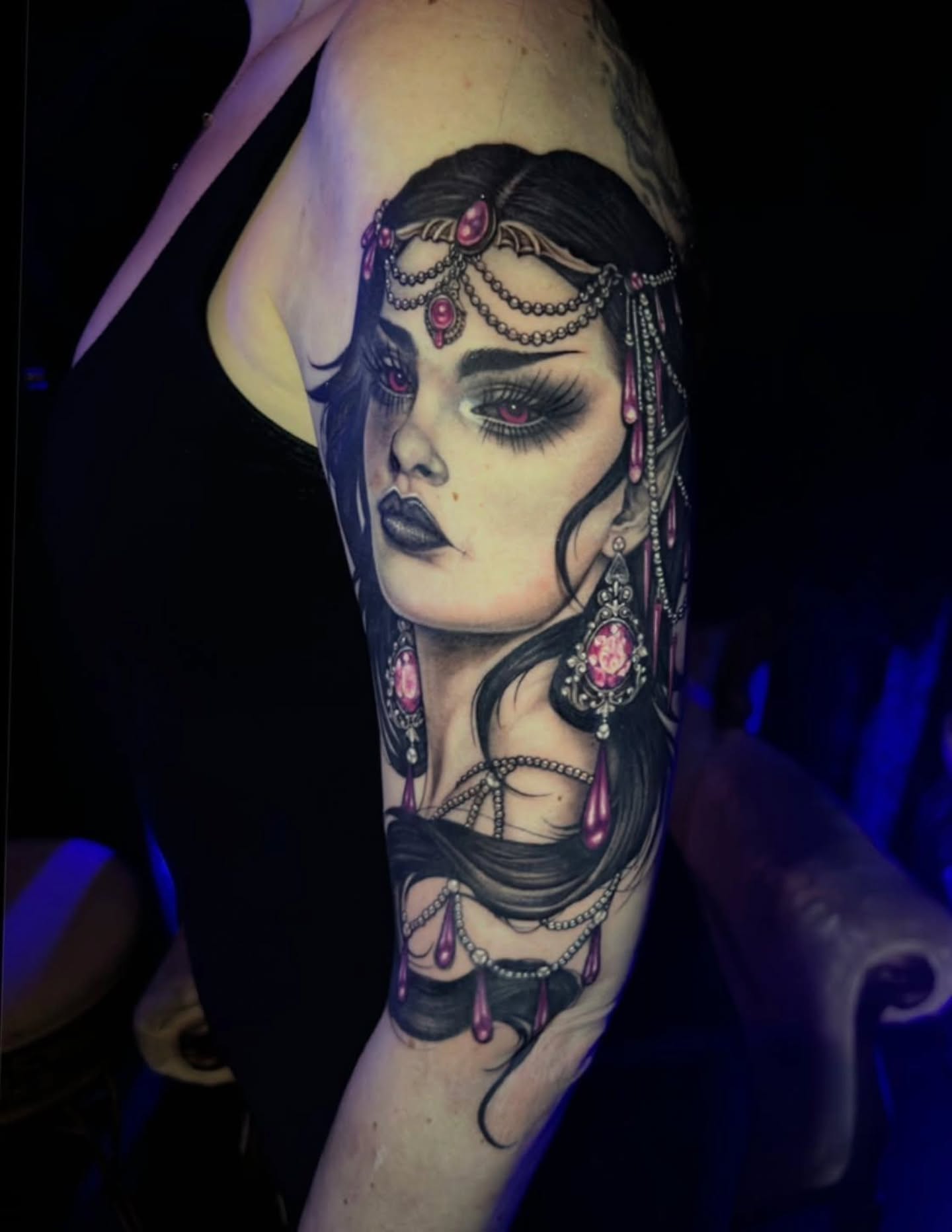 Woman with elaborate jewelry realism tattoo on the forearm by 𝕸𝖊𝖌𝖆𝖓 𝕮𝖍𝖊𝖛𝖆𝖙𝖊𝖜𝖆🦇 Brooklyn Tattoo Artist