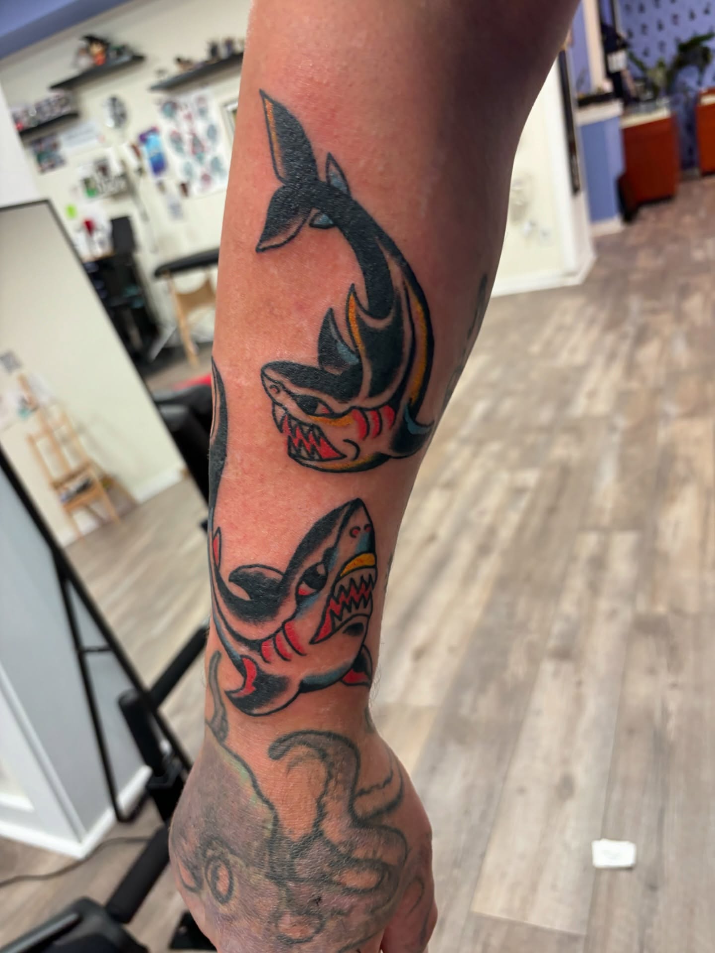 Shark American traditional tattoo on the forearm by Francis Cassidy