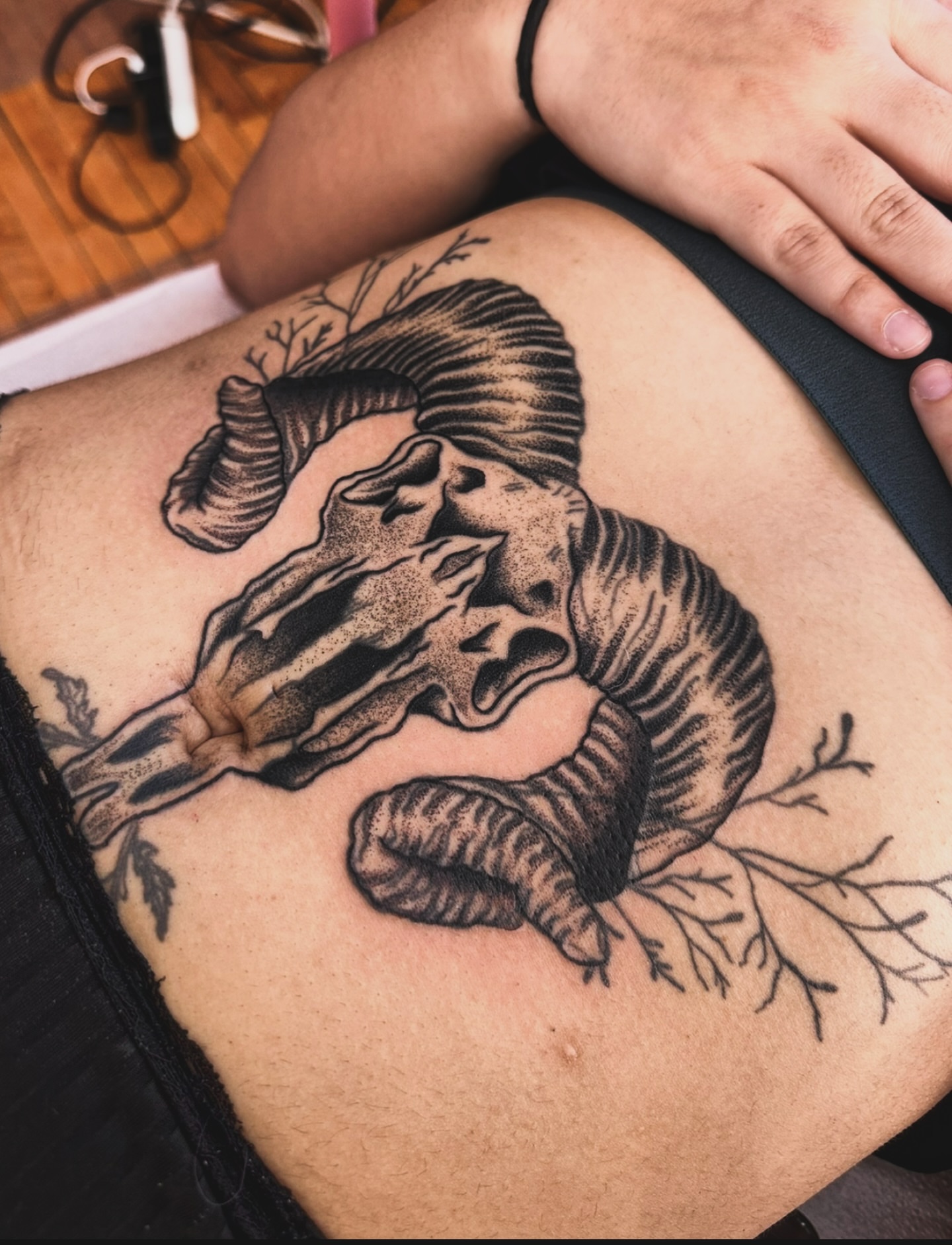 Tattoo by @hotdonnatattoos — dotwork, black_and_grey