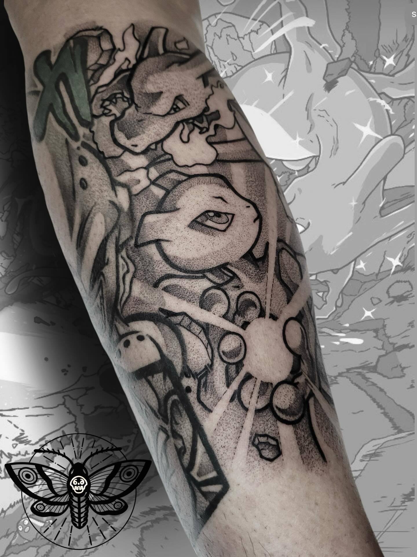 Mecha robot dotwork tattoo on the forearm by Danny, San Luis Obispo, California