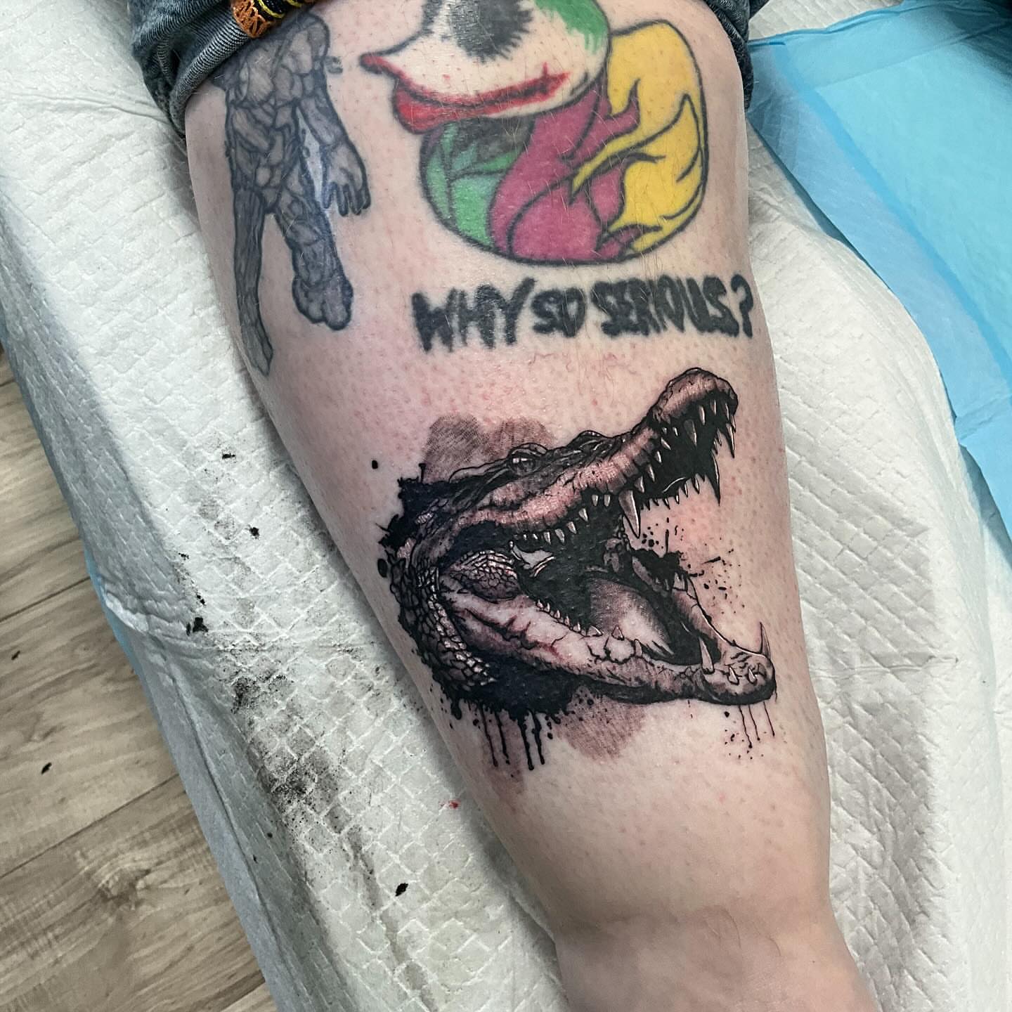 Alligator skull realism tattoo on the thigh by James Ostler