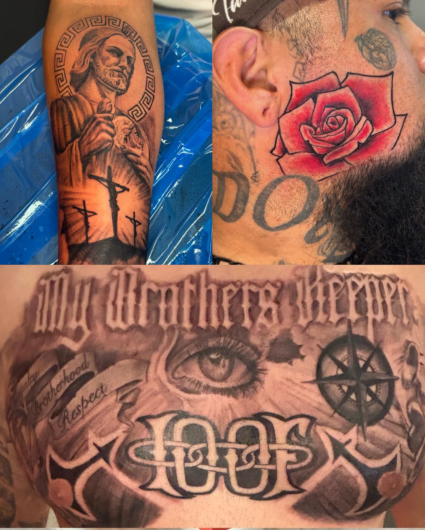 Religious figure with crucifixion scene American traditional tattoo on the upper arm by Dre Ortiz