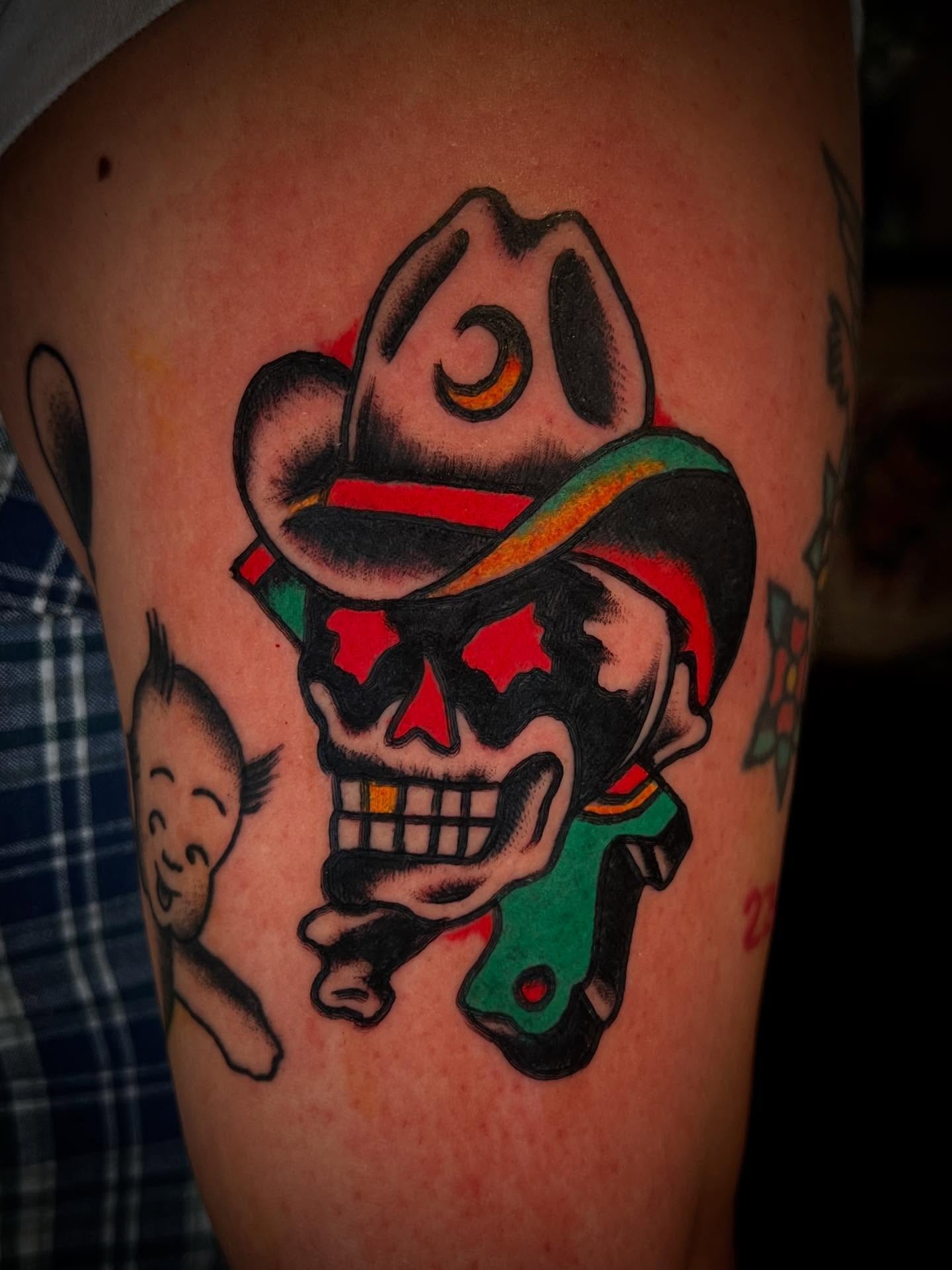 Skull wearing sombrero American traditional tattoo on the thigh by 💥Jeff Klug💥, Austin, Texas