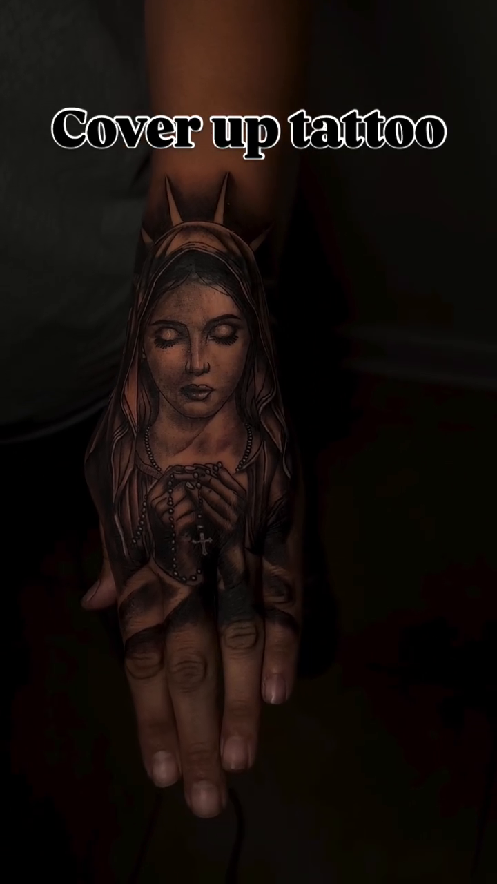 Virgin Mary on hand realism tattoo by Thomas