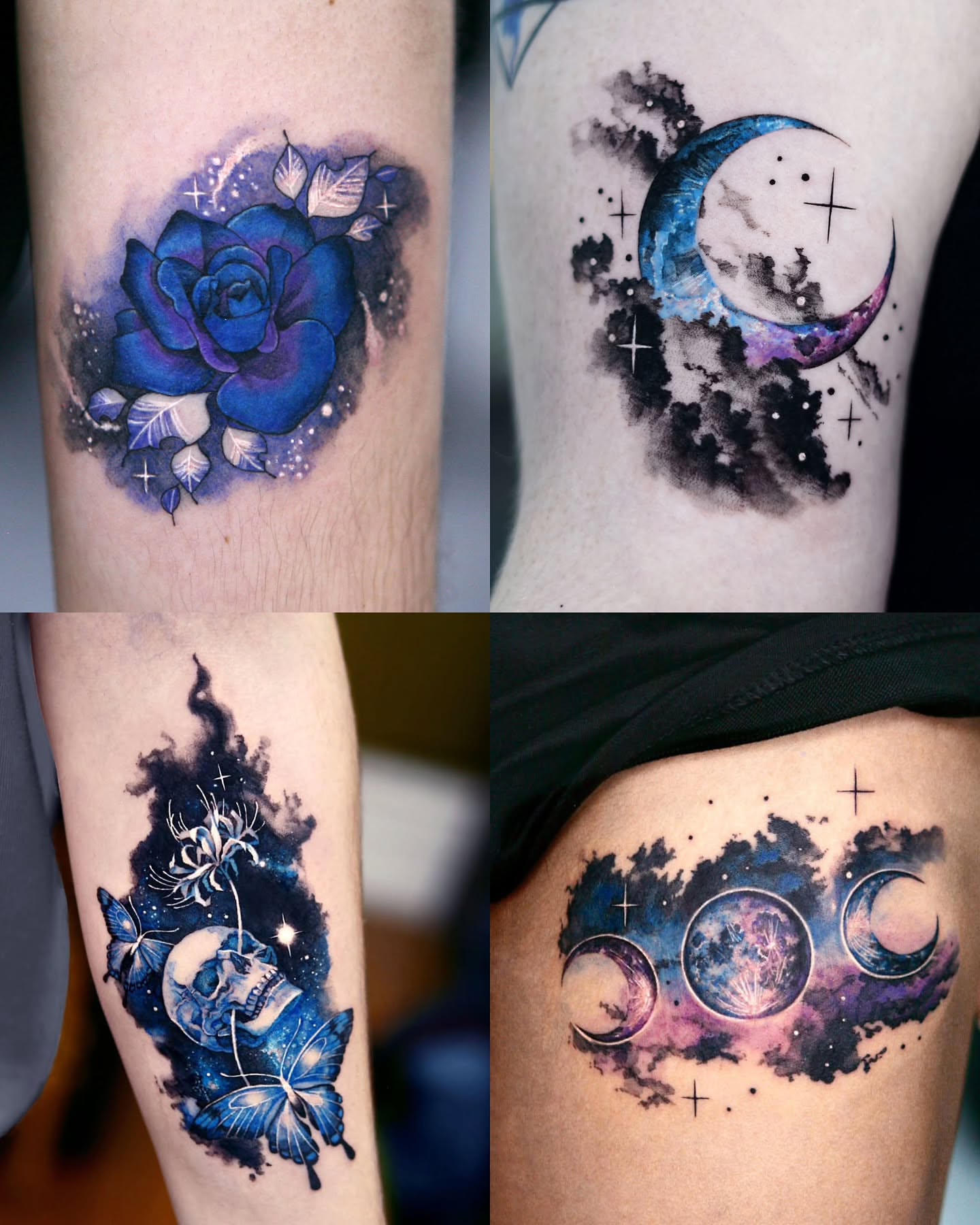 Galactic moon phases watercolor tattoo on the thigh by danha_seoul tattooist