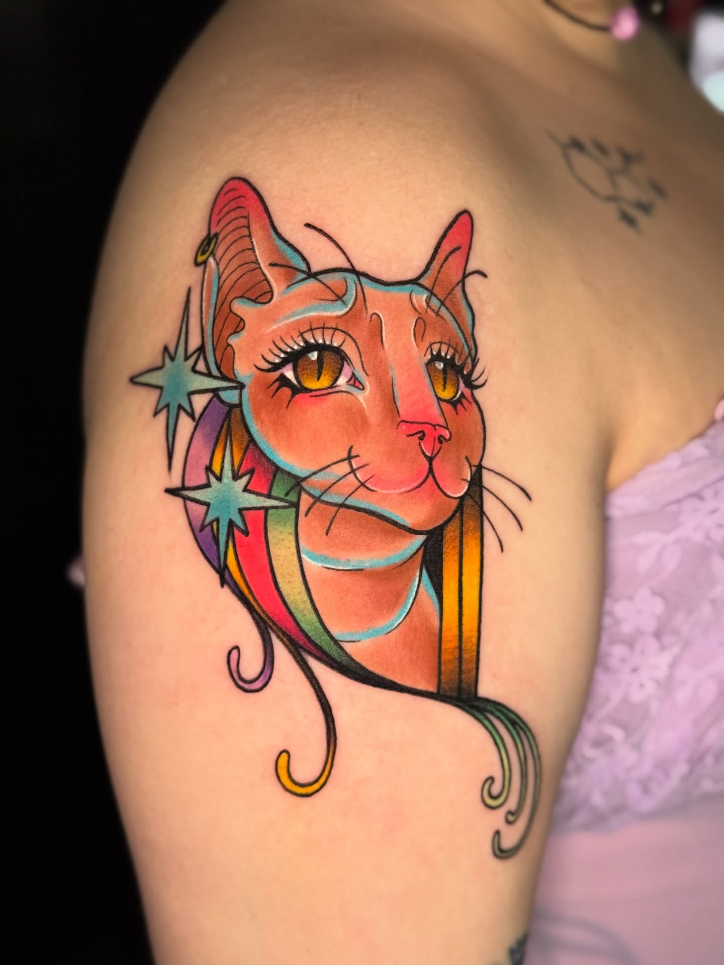 Cat new school tattoo on the shoulder by ⓒⓨⓡⓤⓢ