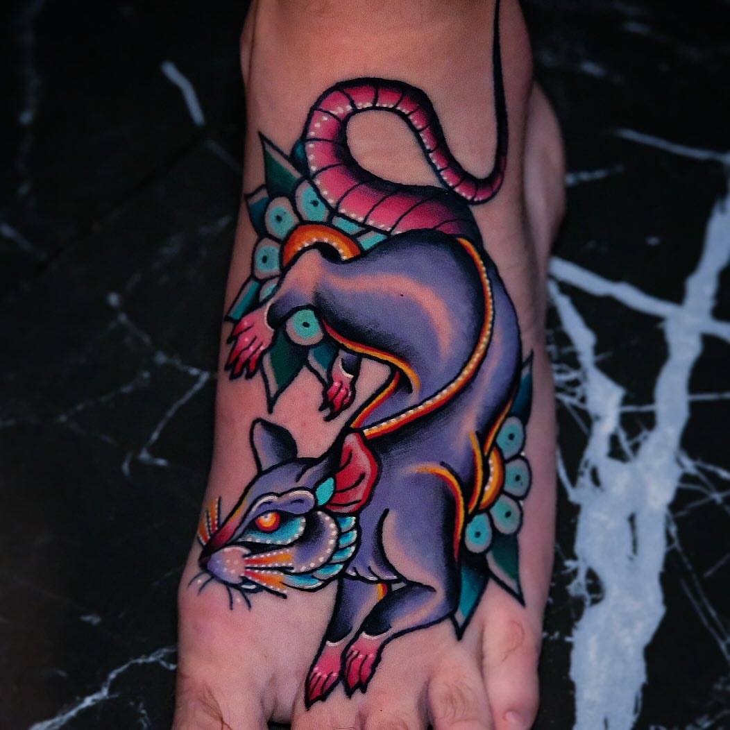Cat with snake American traditional tattoo on the foot by Don Boos Tattoos