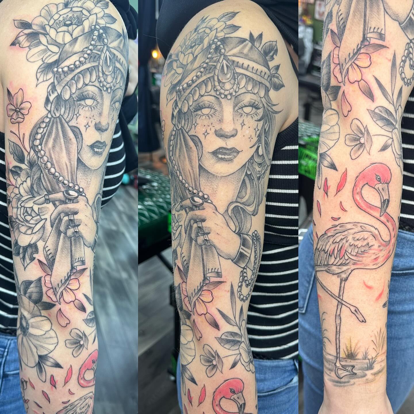 Flamingo and woman realism tattoo on the forearm by Halle Haas