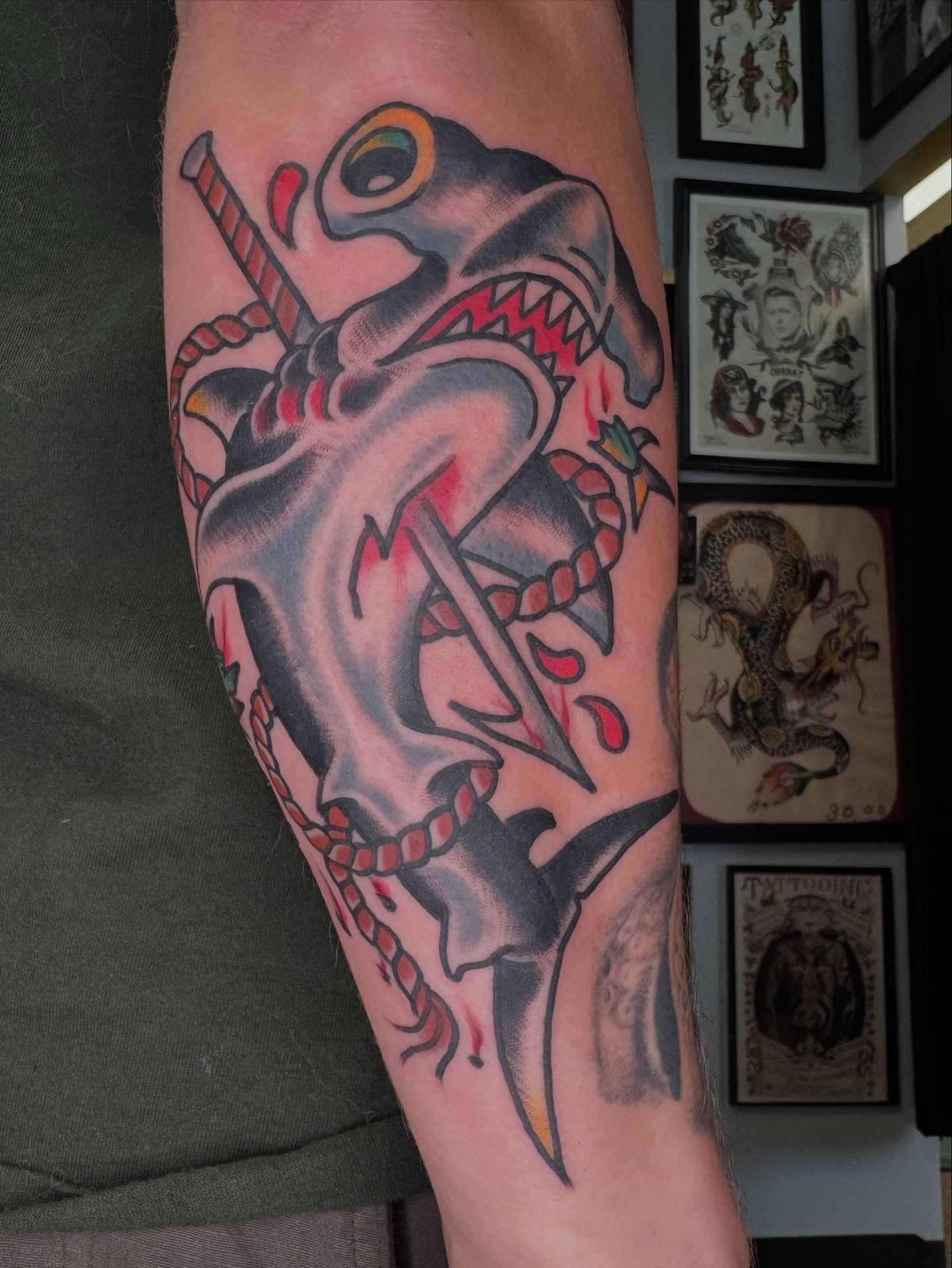 Shark with rope American traditional tattoo on the forearm by Jeremy Hudson