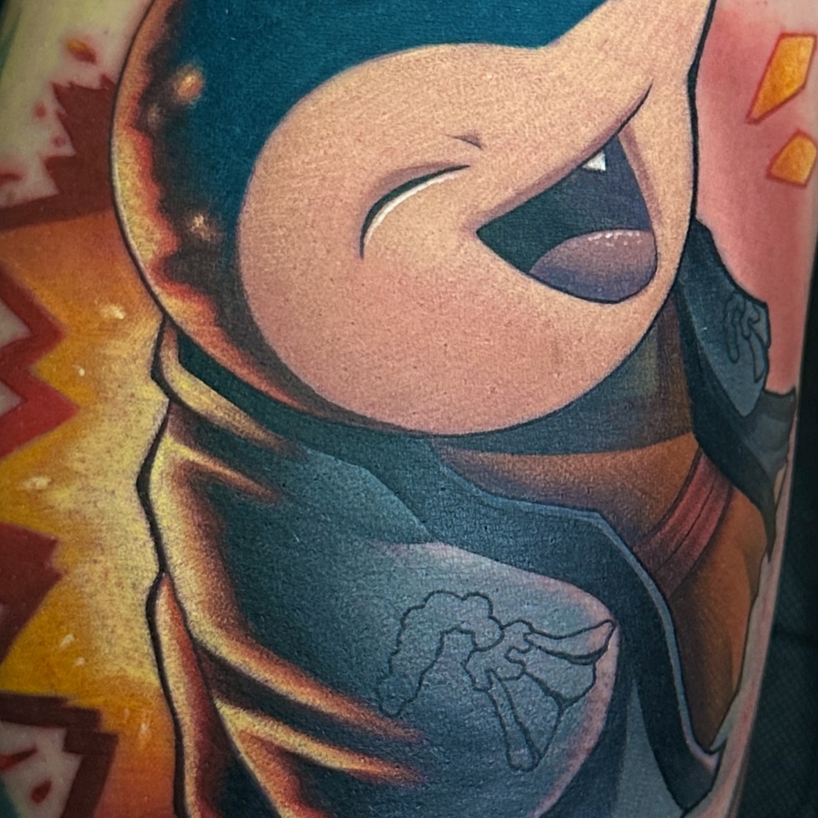 Chibi character dotwork tattoo on the forearm by Jason