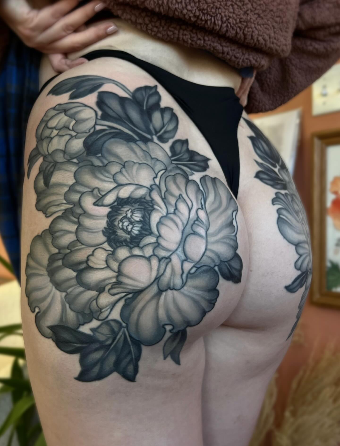Peony black and grey tattoo on the thigh by β₯πΈππͺπ€π€π ππβπππβ₯