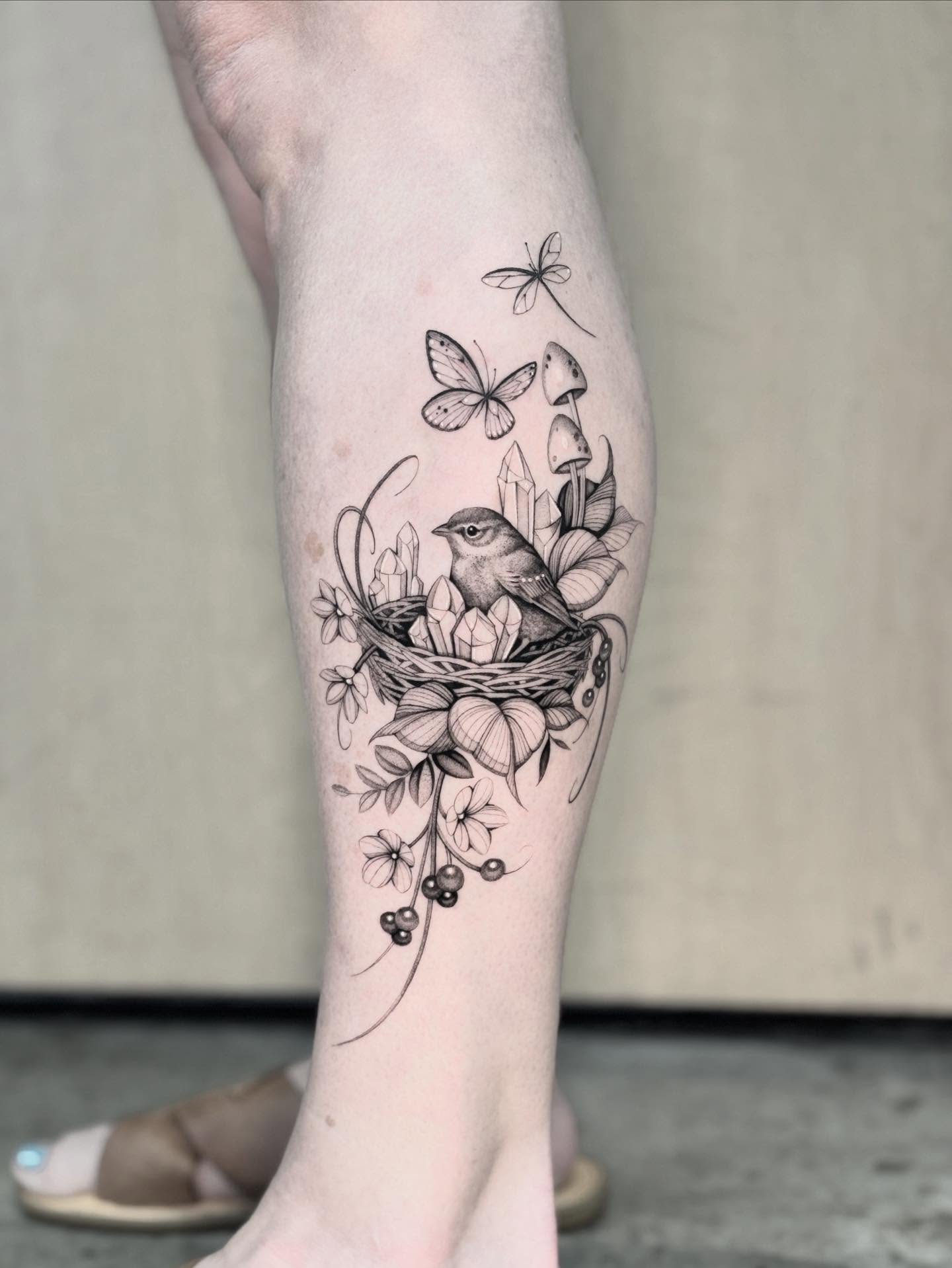 Bird nest realism tattoo on the calf by Brittney Naami, San Francisco, California