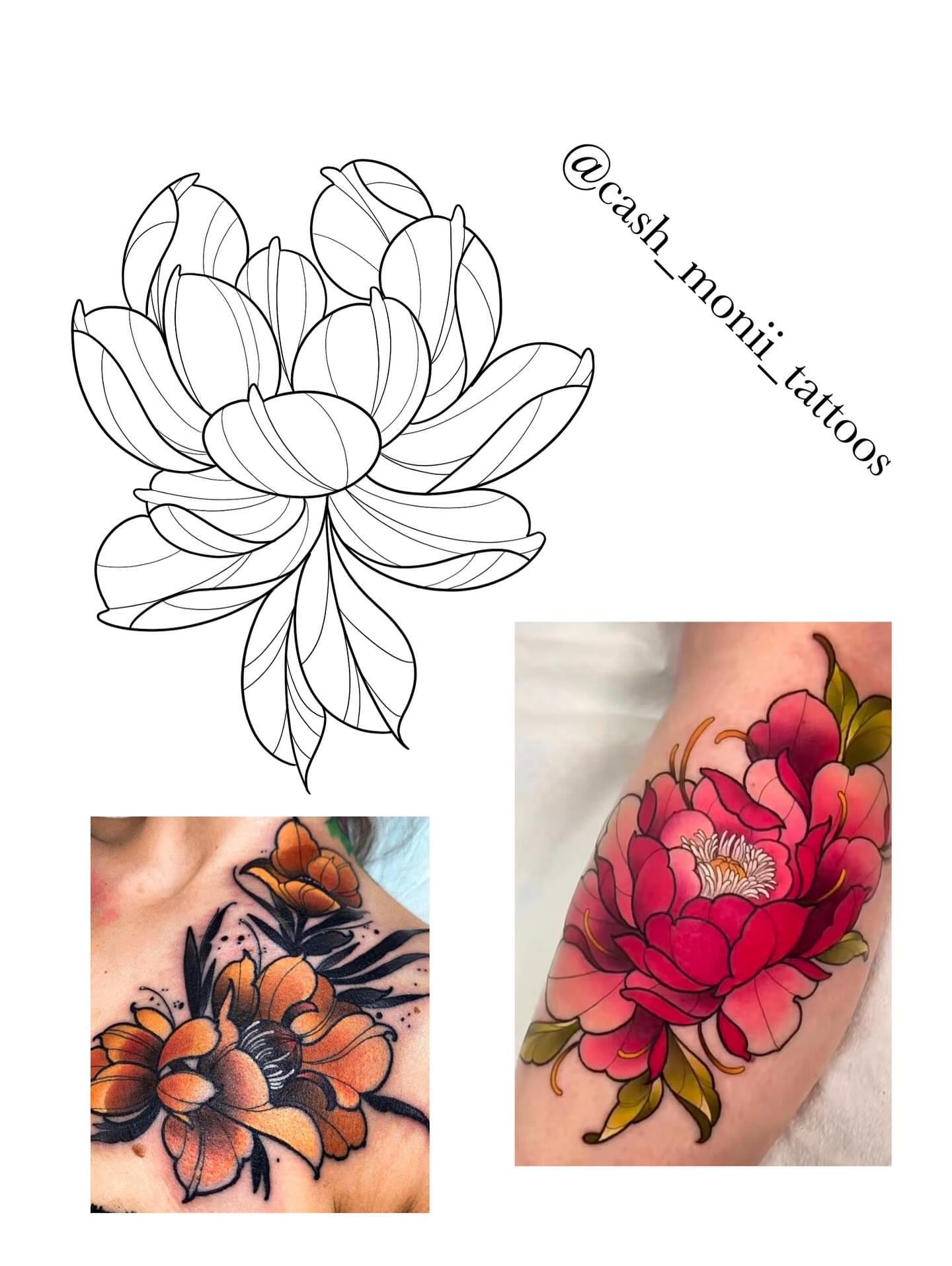 Peony new school tattoo on the shoulder by Monii Arreola