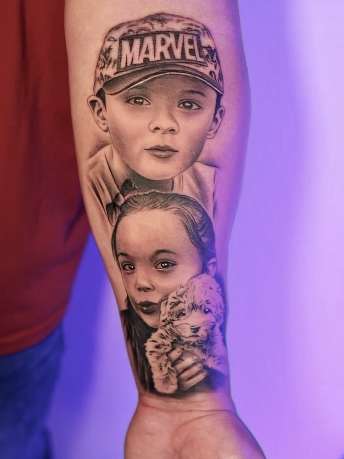 Child portrait realism tattoo on the forearm by Artfabn