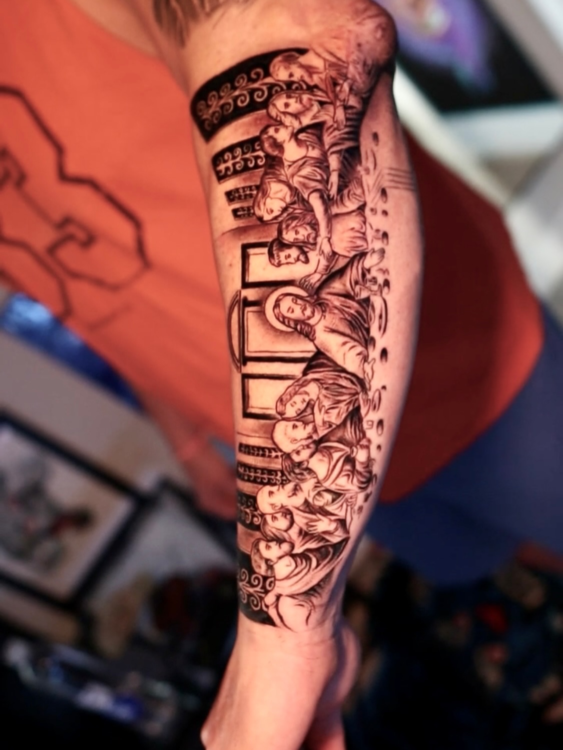 Religious scene black and grey tattoo on the forearm by Artfabn