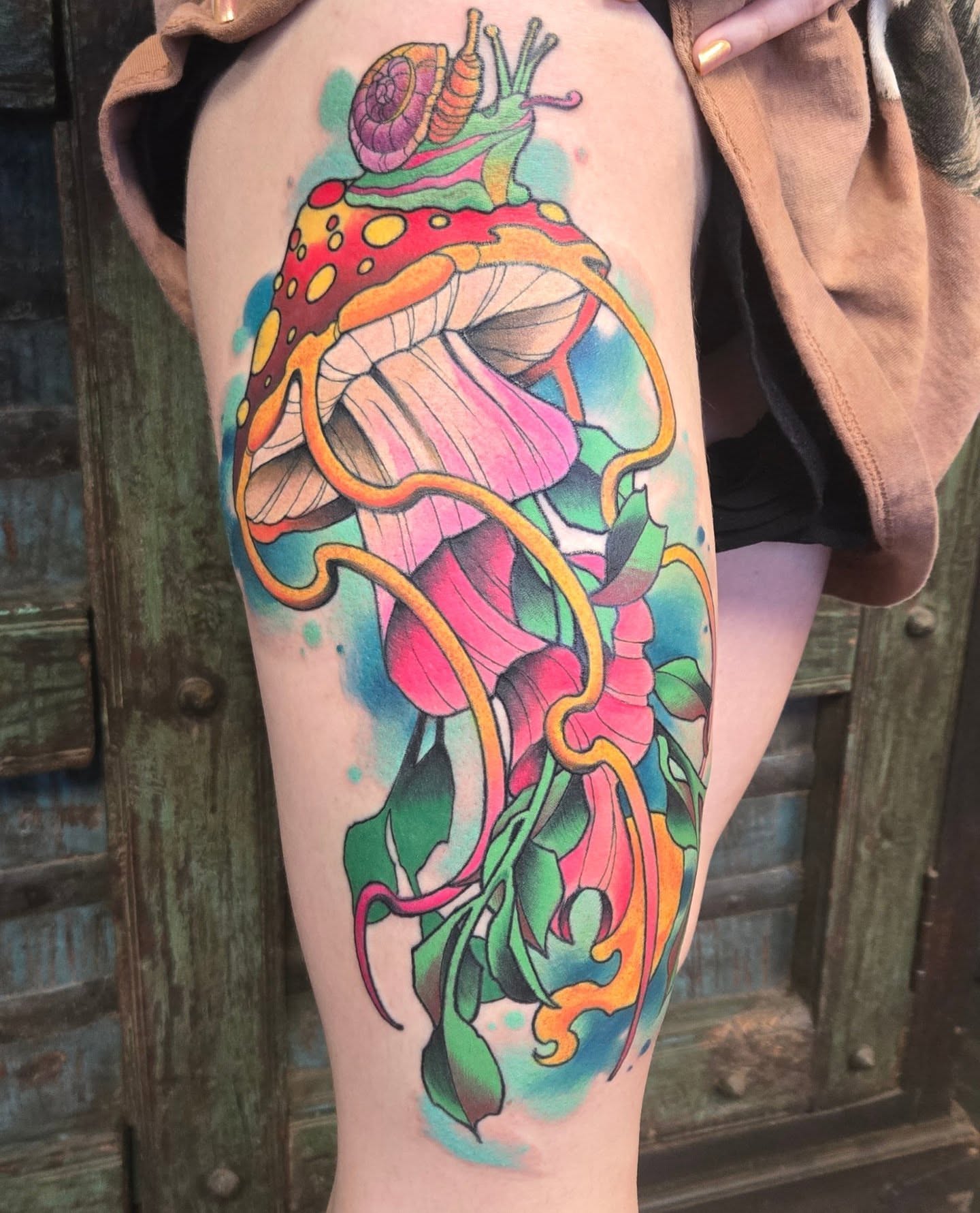 Mushroom watercolor tattoo on the thigh by Brian Savage, Gilbert, Arizona