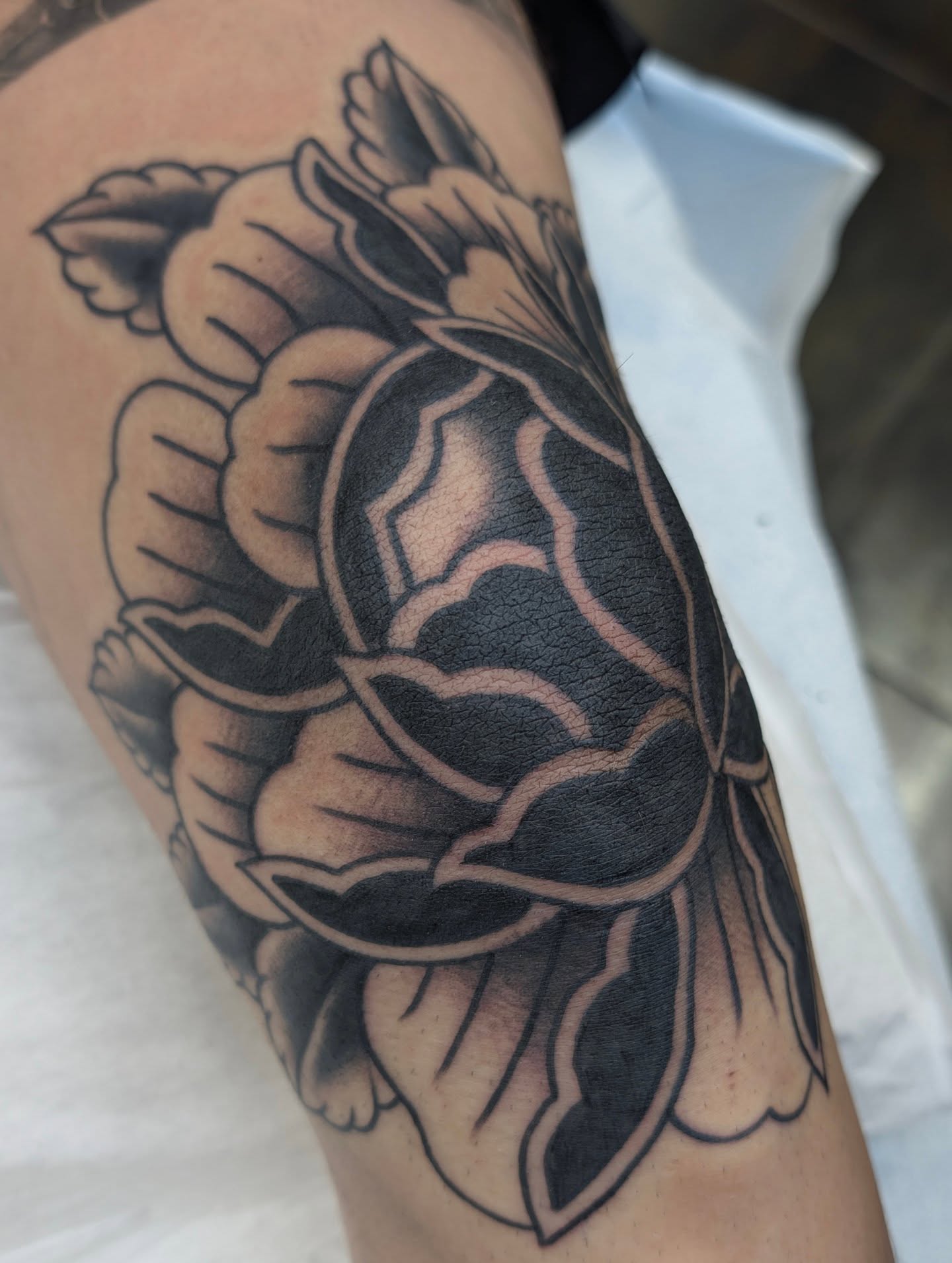 Peony American traditional tattoo on the forearm by Aiden Krone, San Diego, California