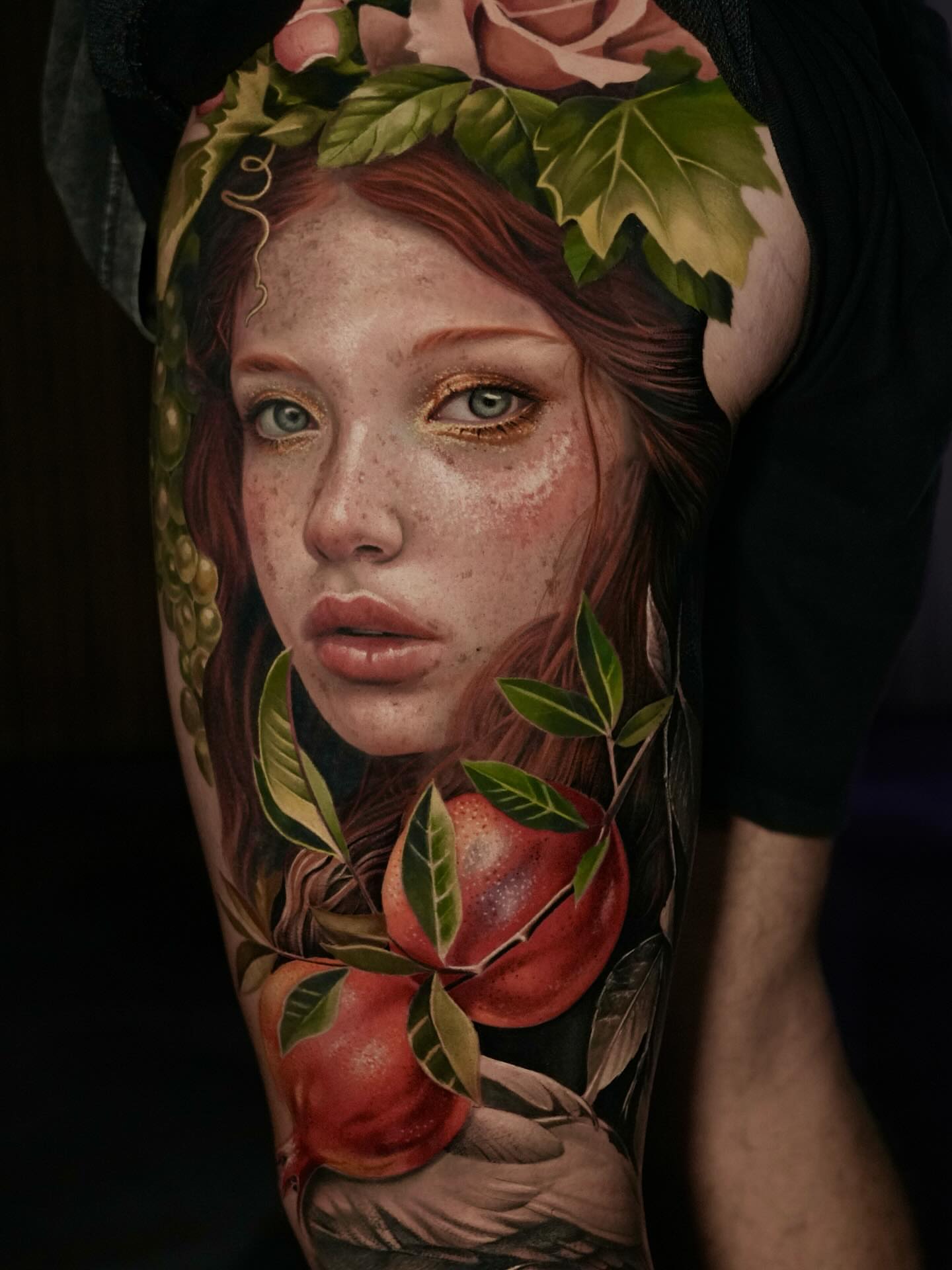 Woman with fruit realism tattoo on the forearm by Naboka Anastasiia